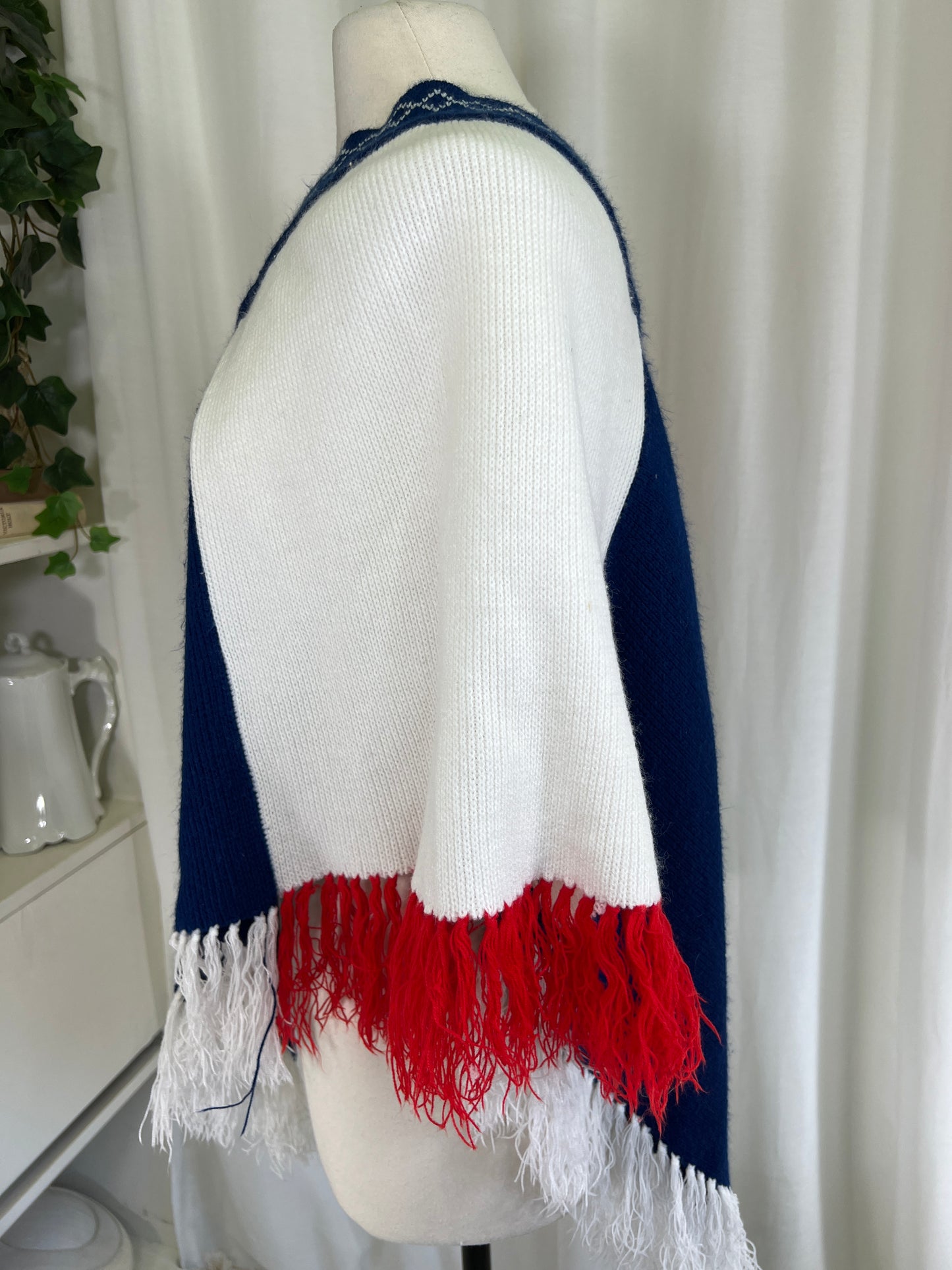 70s Fine Import Red White and Blue Fringed Poncho