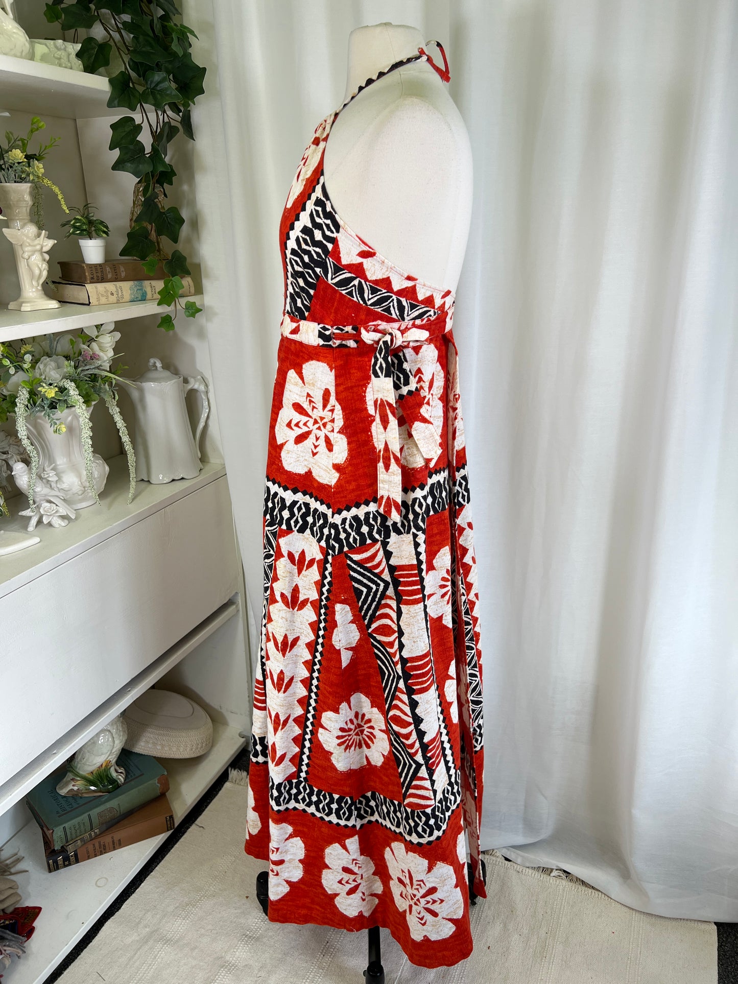 70s Hawaiian Print Halter Neck Red Wrap Dress