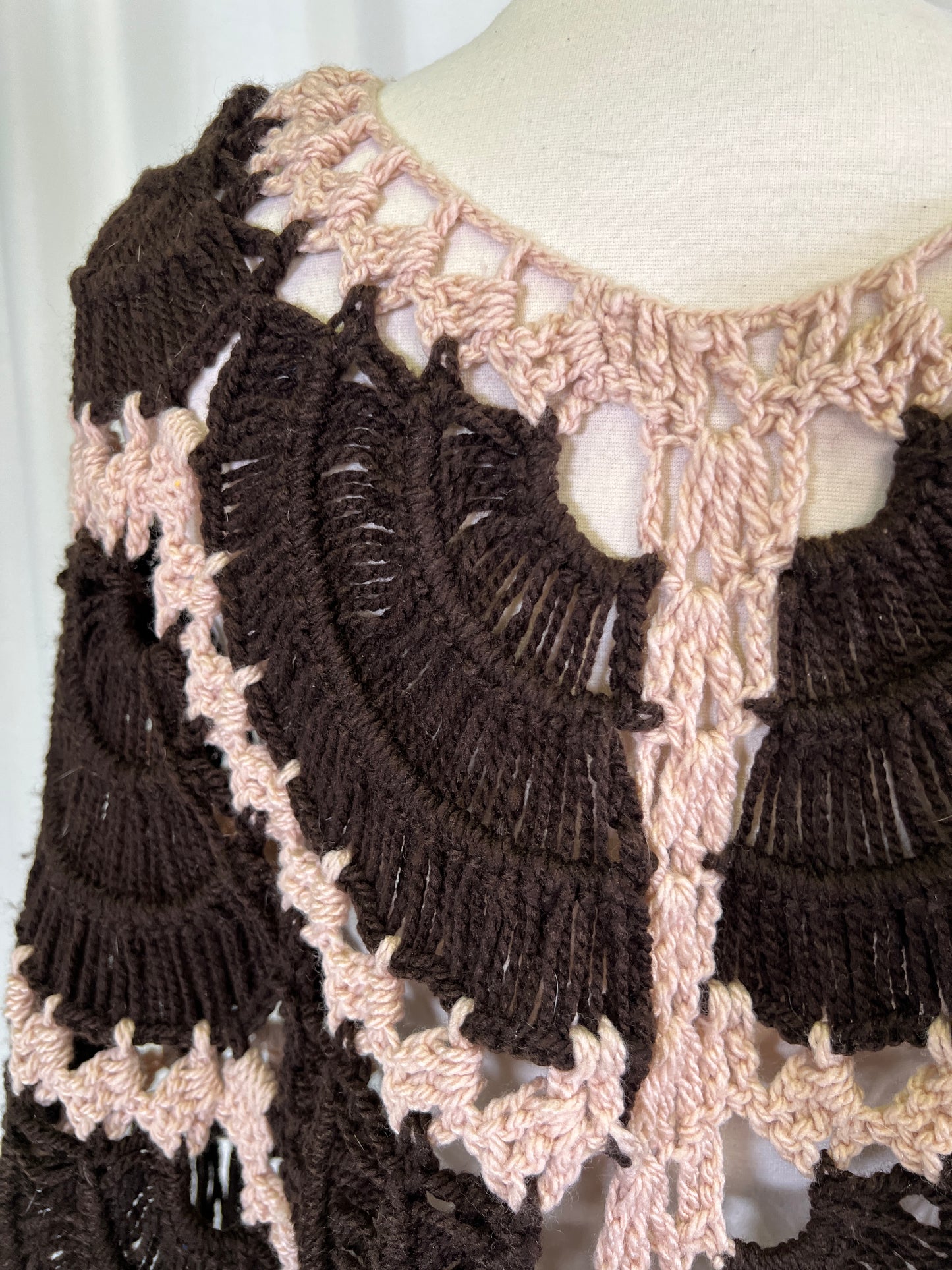 70s Cream and Brown Crochet Fringed Poncho