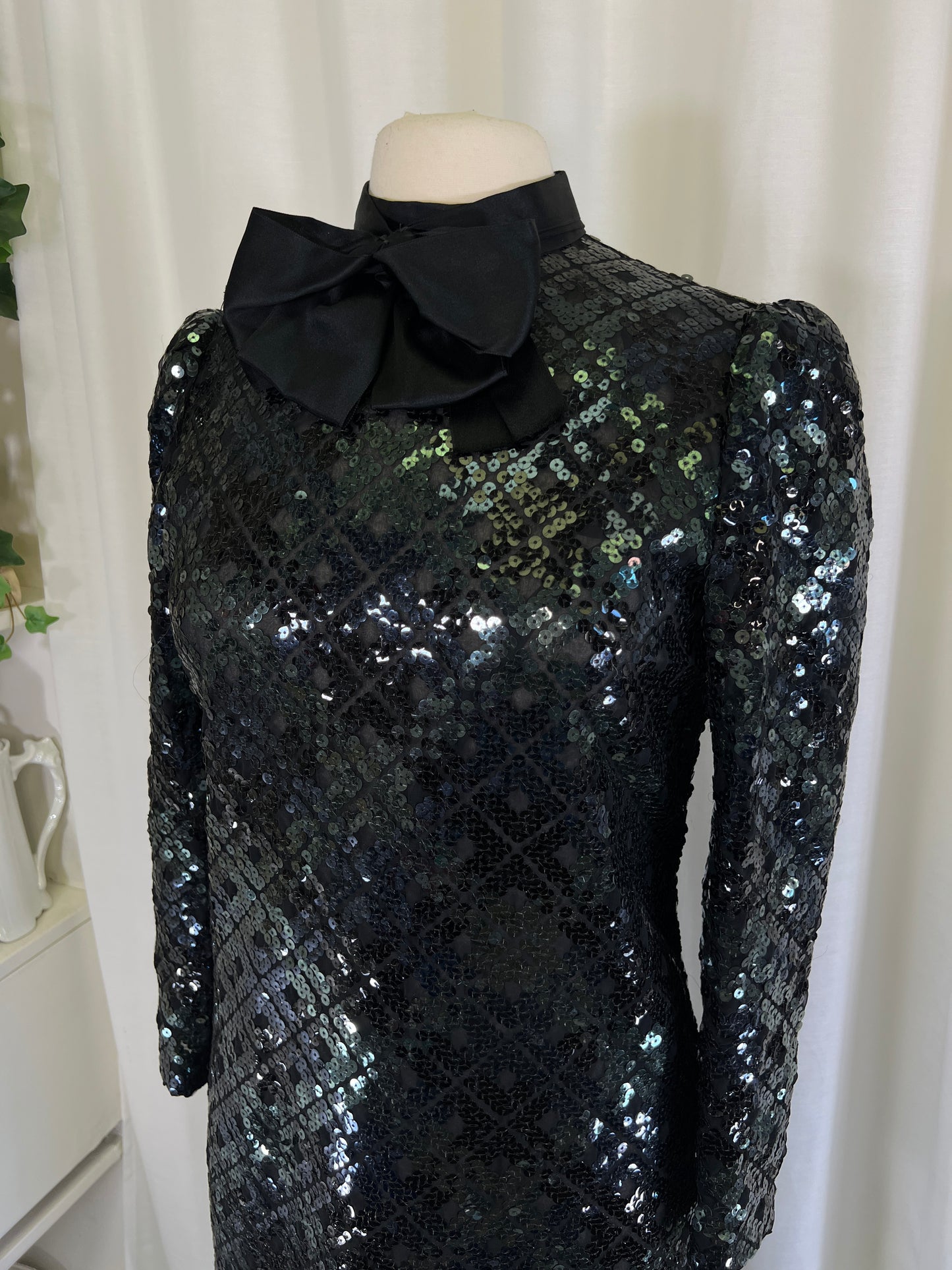 70s Amelia Gray Black Sequined Sheer Bow Neck Midi Dress