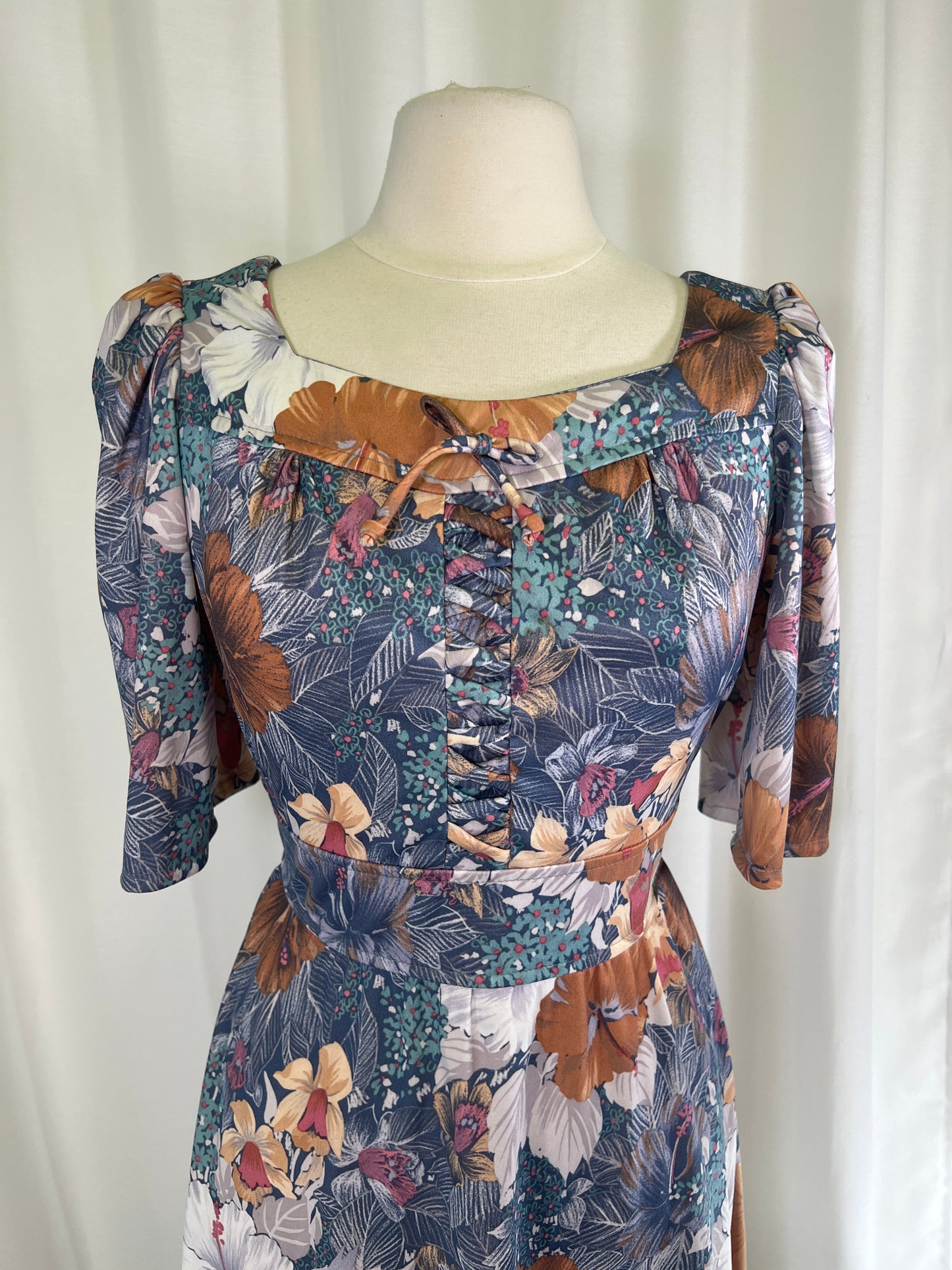 70s Prairie Faux CorsetBlue and Brown Floral Mini Dress