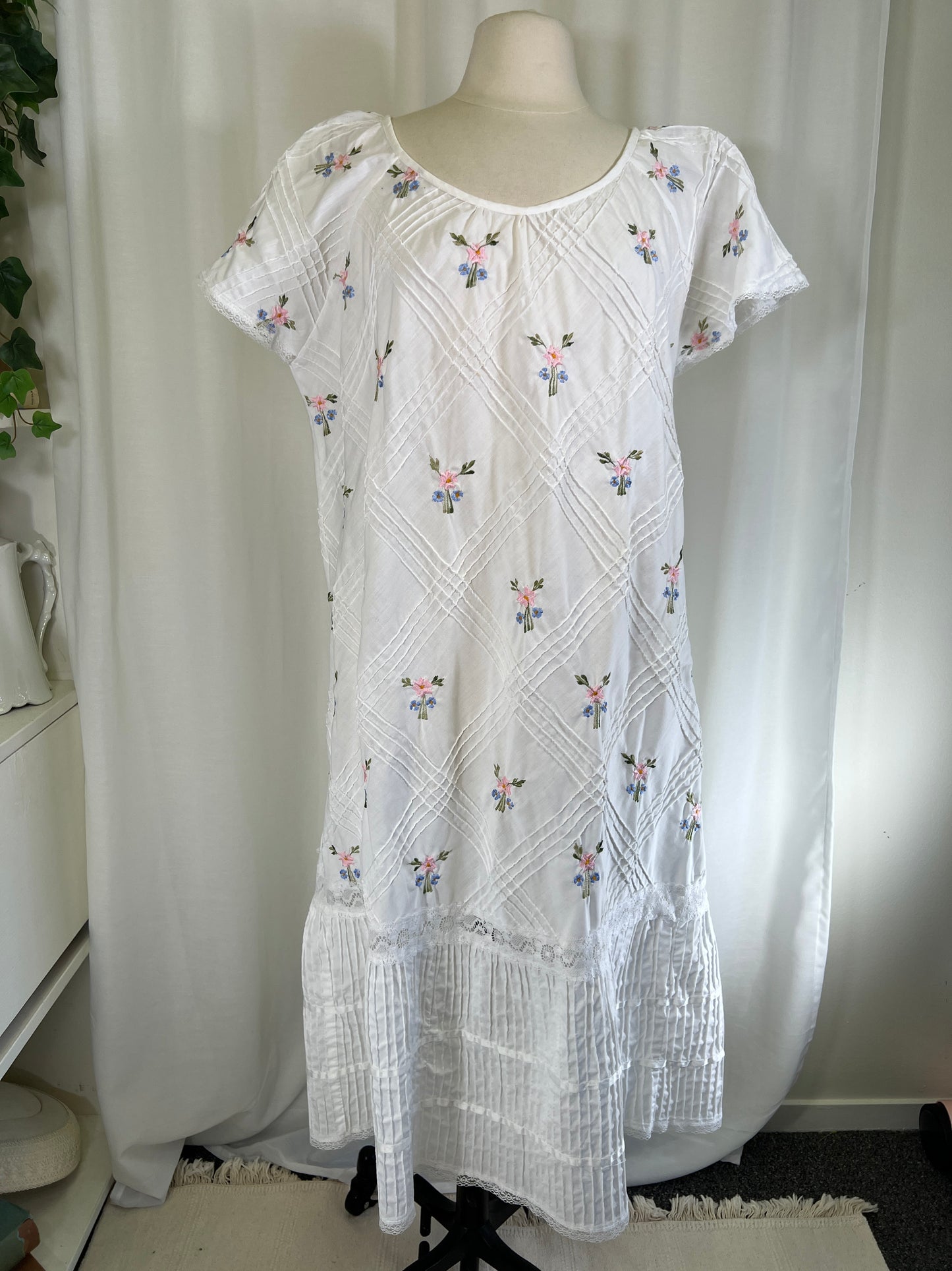 70s Floral Embroidery and Pintucks White Sundress