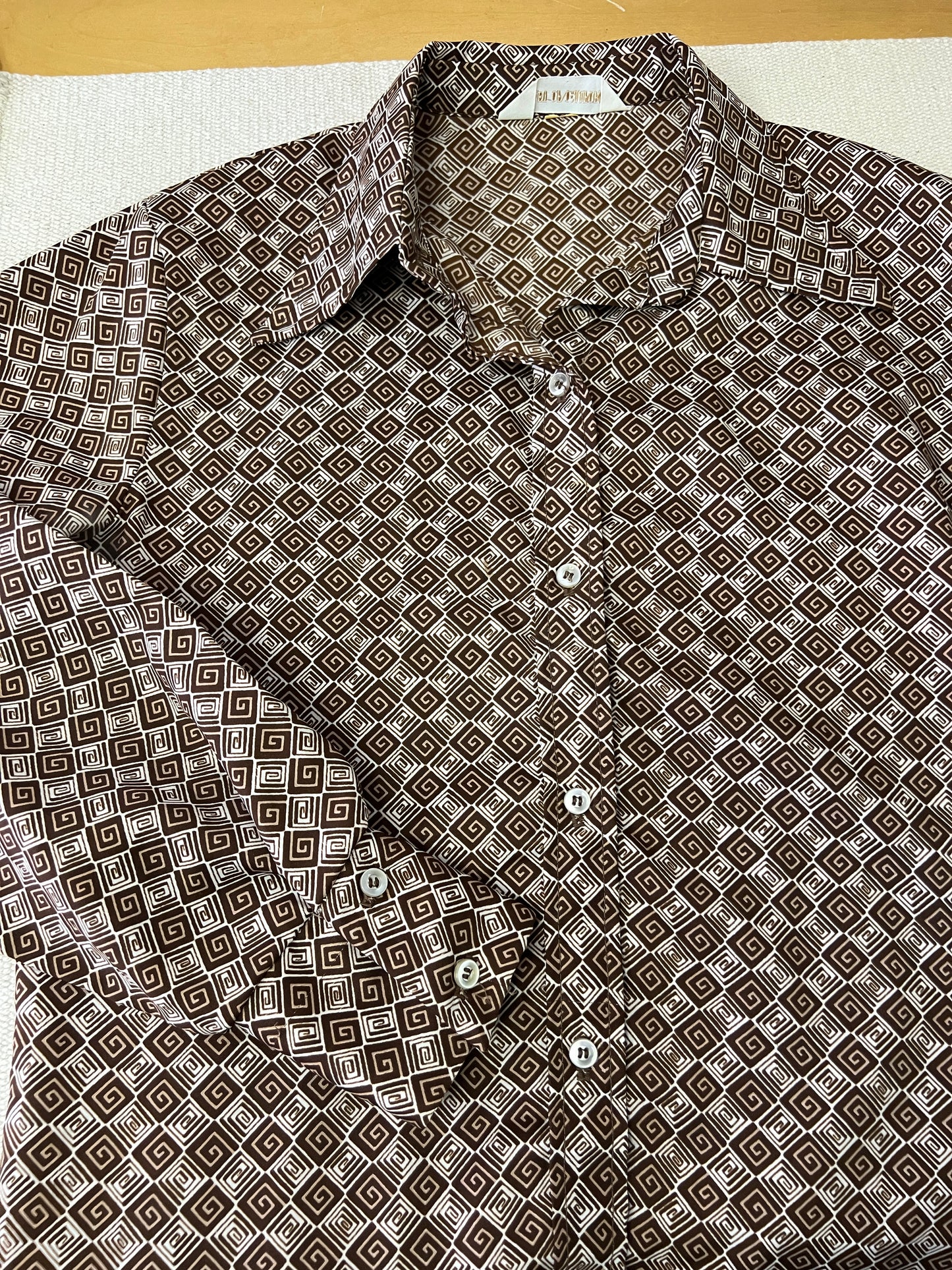 70s Koret of California Brown and White Spirals Dagger Collar Blouse