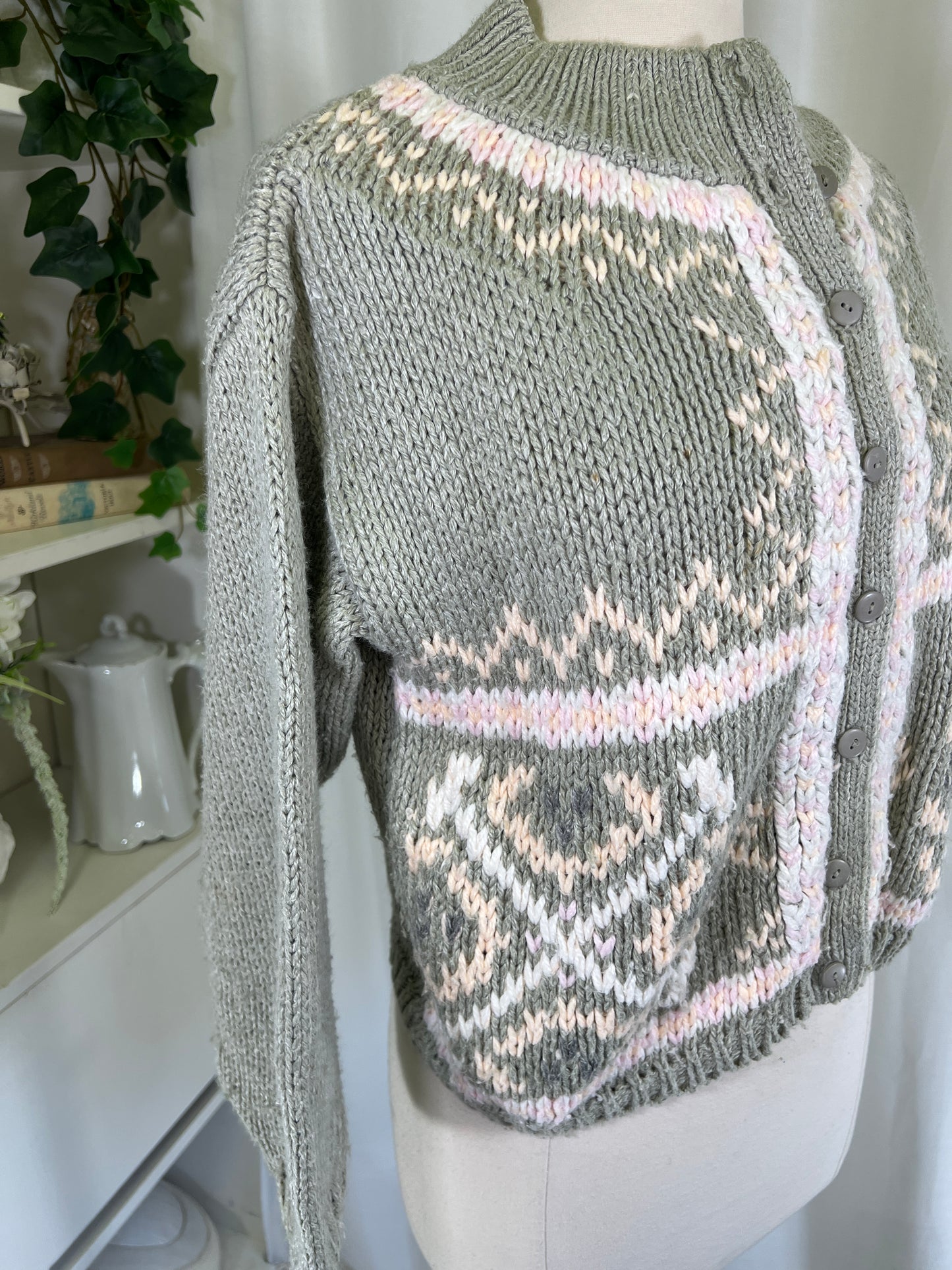 80s Jamie Scott Hand Knit Pink and Grey Cardigan