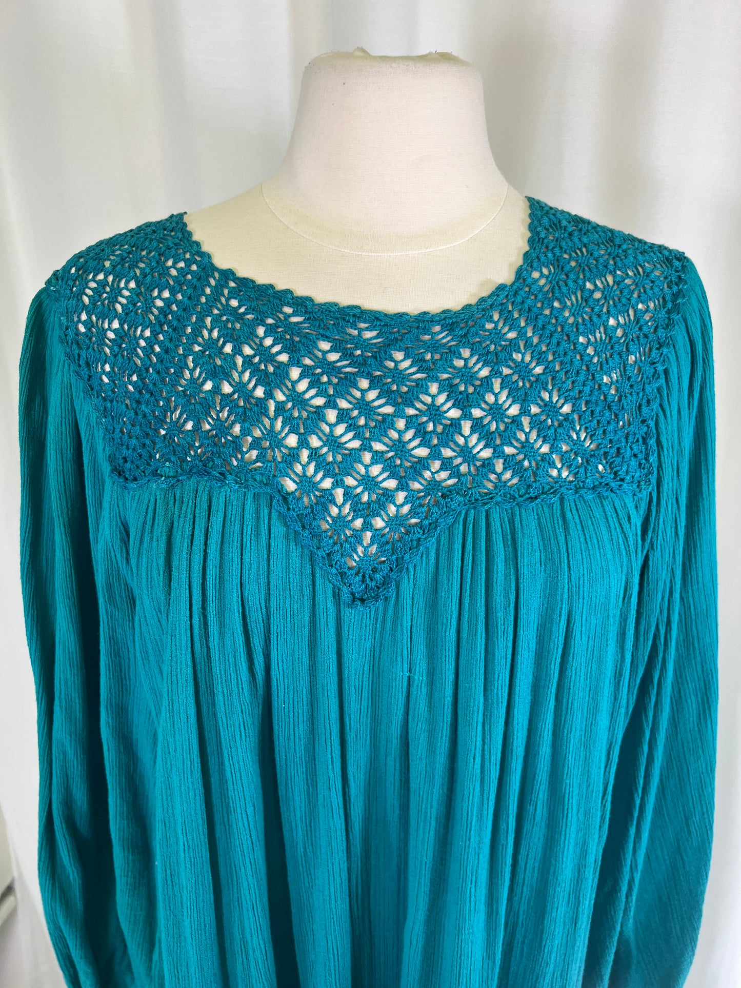 70s Teal Bila Crochet Top Cotton Gauze Maxi Dress