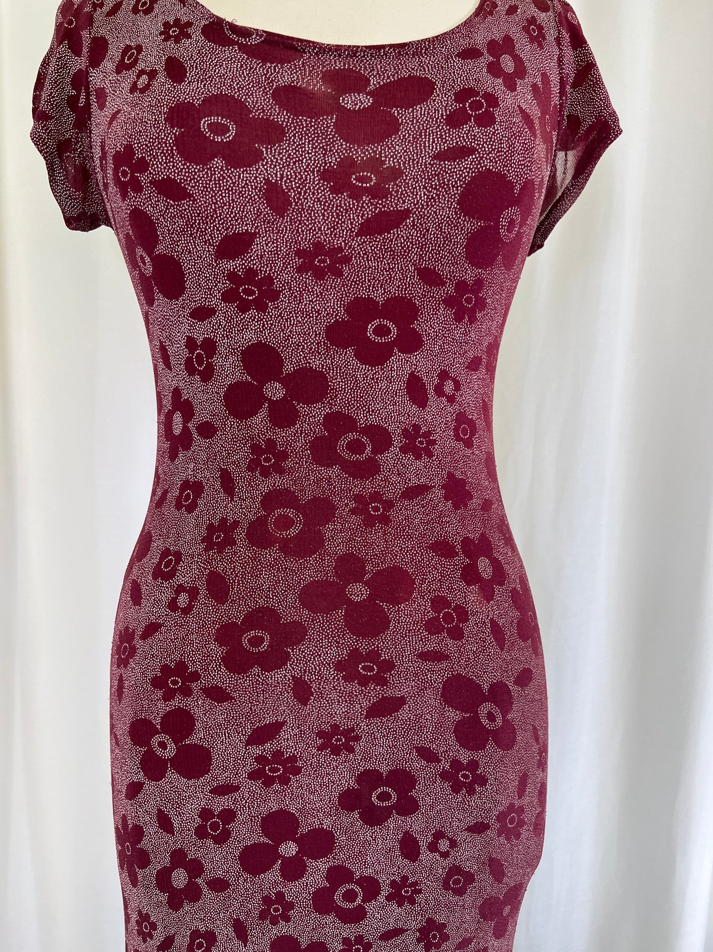 90s Timing Slinky Maroon Floral Daisy Dress