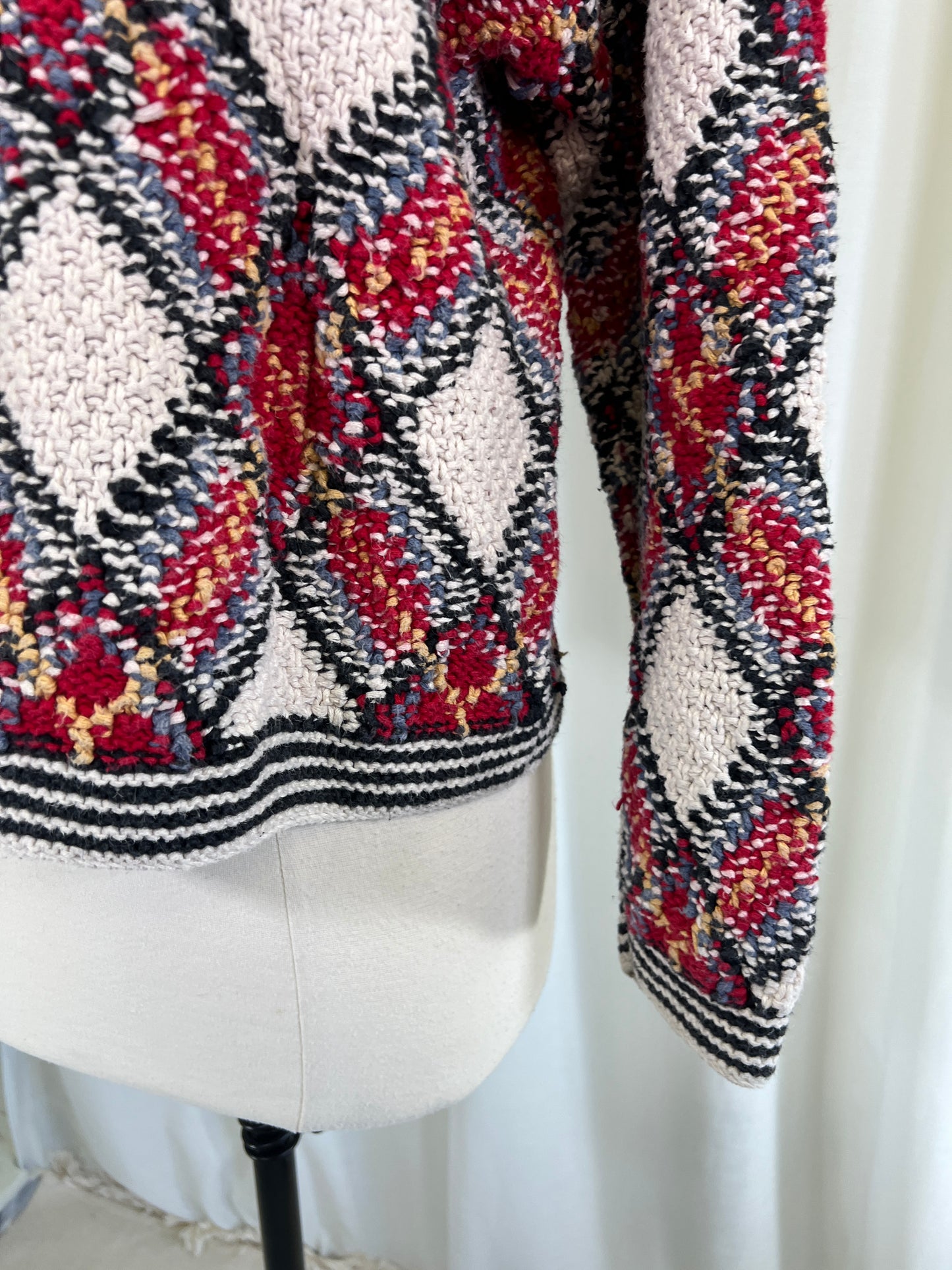 90s Express Tricot Raime Cotton Blend Red and Cream Diamond Print Sweater