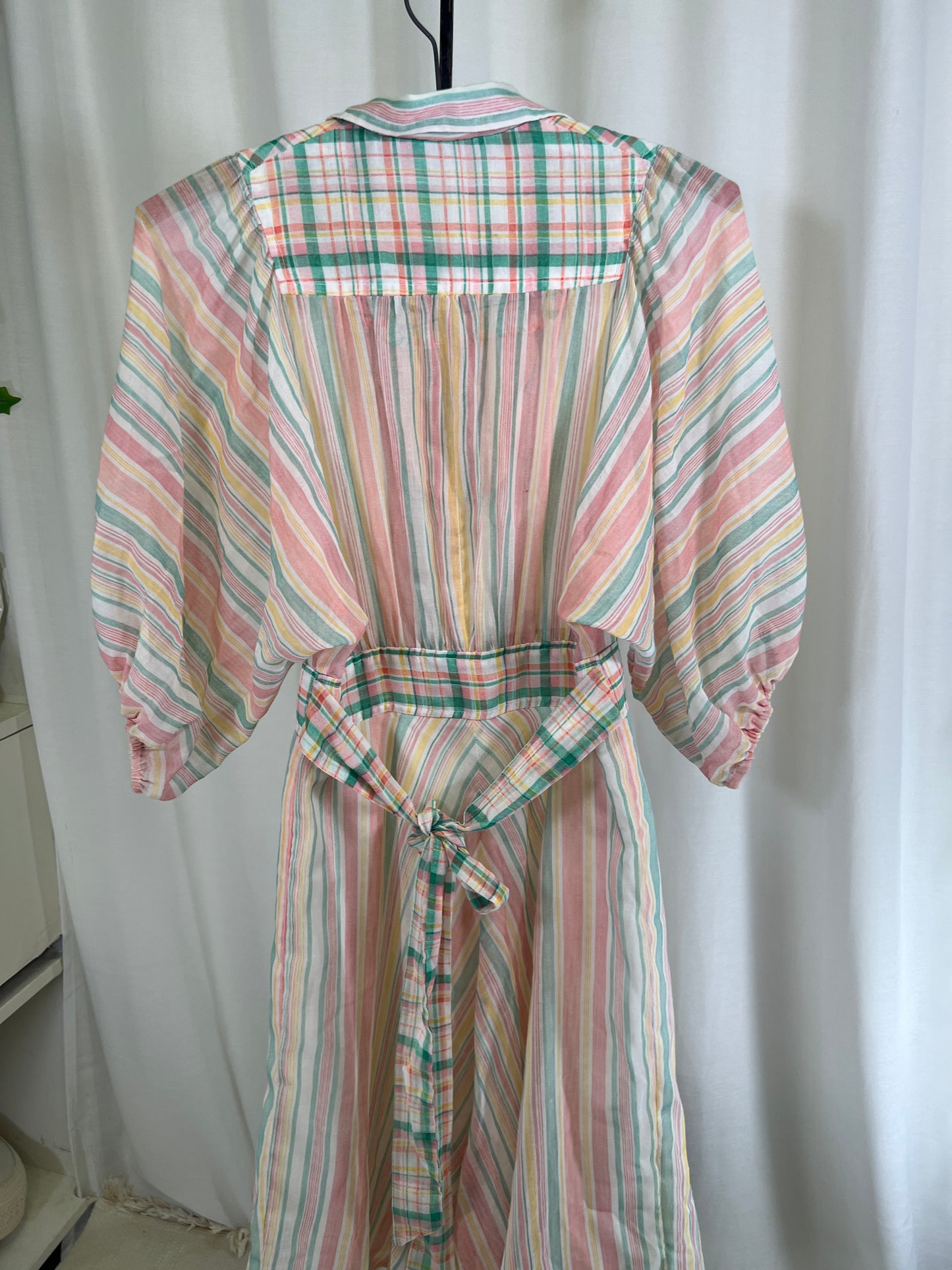 70s Pastel Stripes and Plaids Puffy Dolman Sleeve Mini Dress