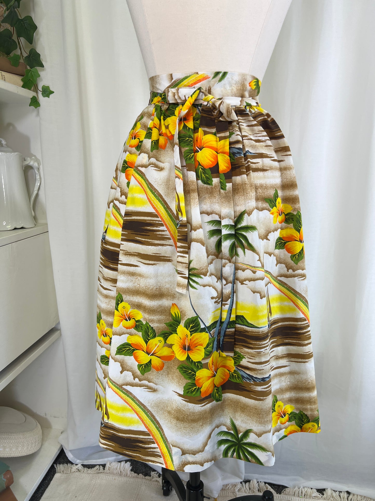 70s Hawaiian Print Sailboats and Rainbows Wrap Skirt