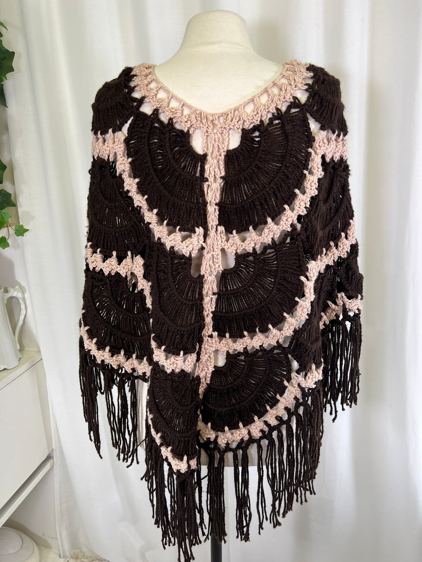 70s Cream and Brown Crochet Fringed Poncho