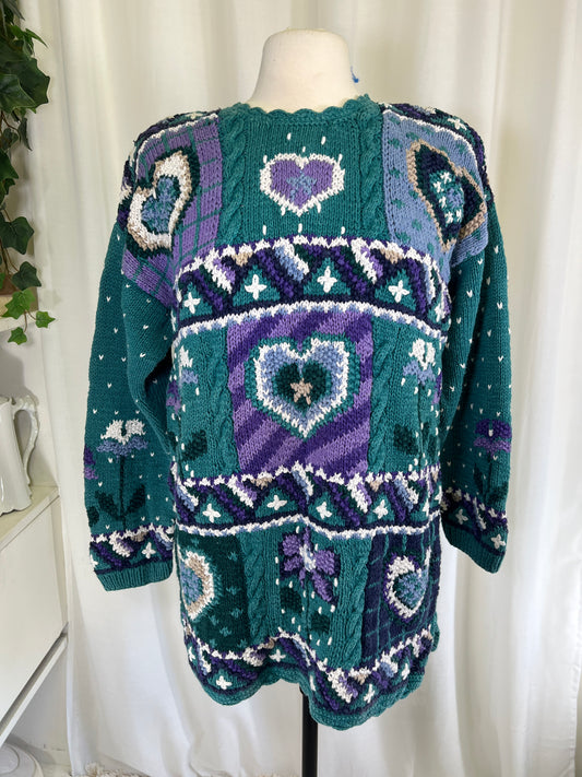 90s Northern Isles Purple and Green Heart Sweater