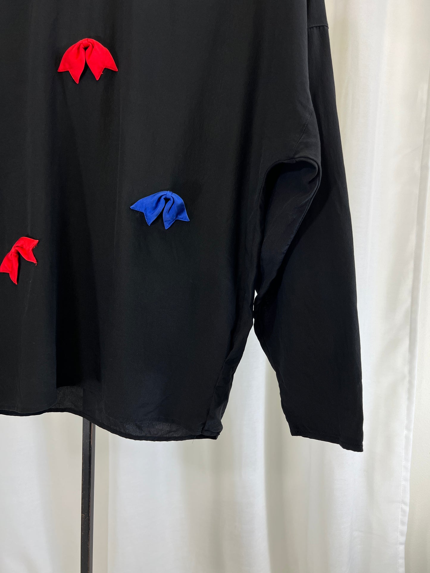 80s Silk Black Blouse with Red and Blue Bow Appliqués