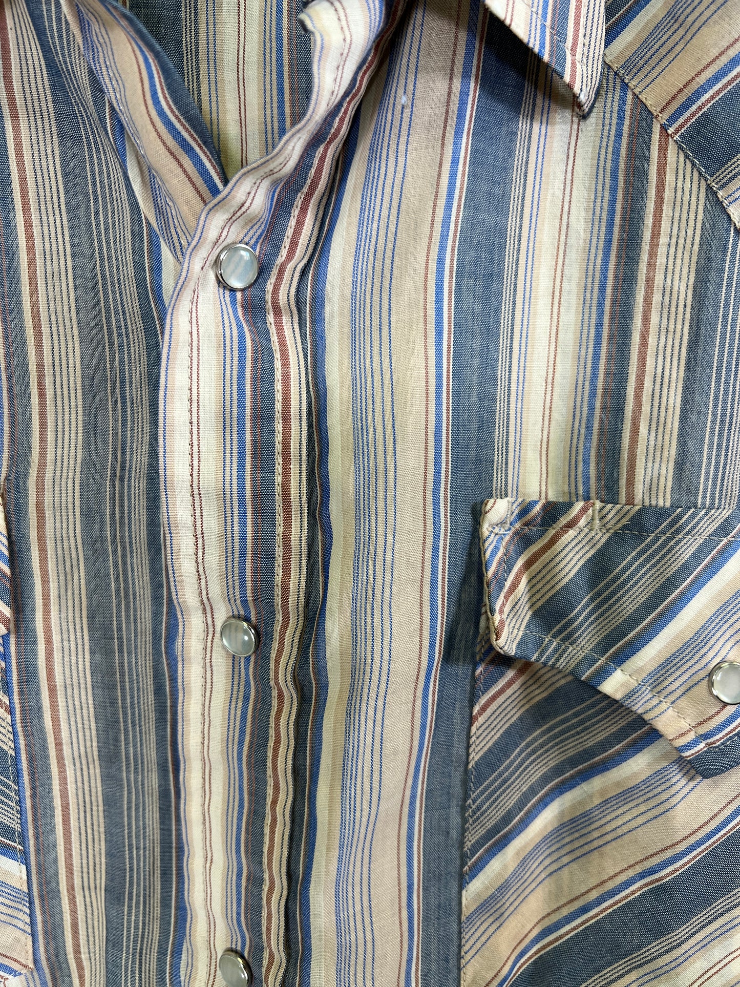 80s Ely Cattleman Brown and Blue Striped Pearl Snap Western Shirt