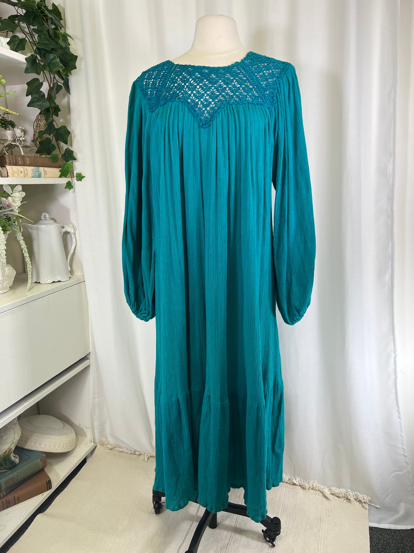 70s Teal Bila Crochet Top Cotton Gauze Maxi Dress