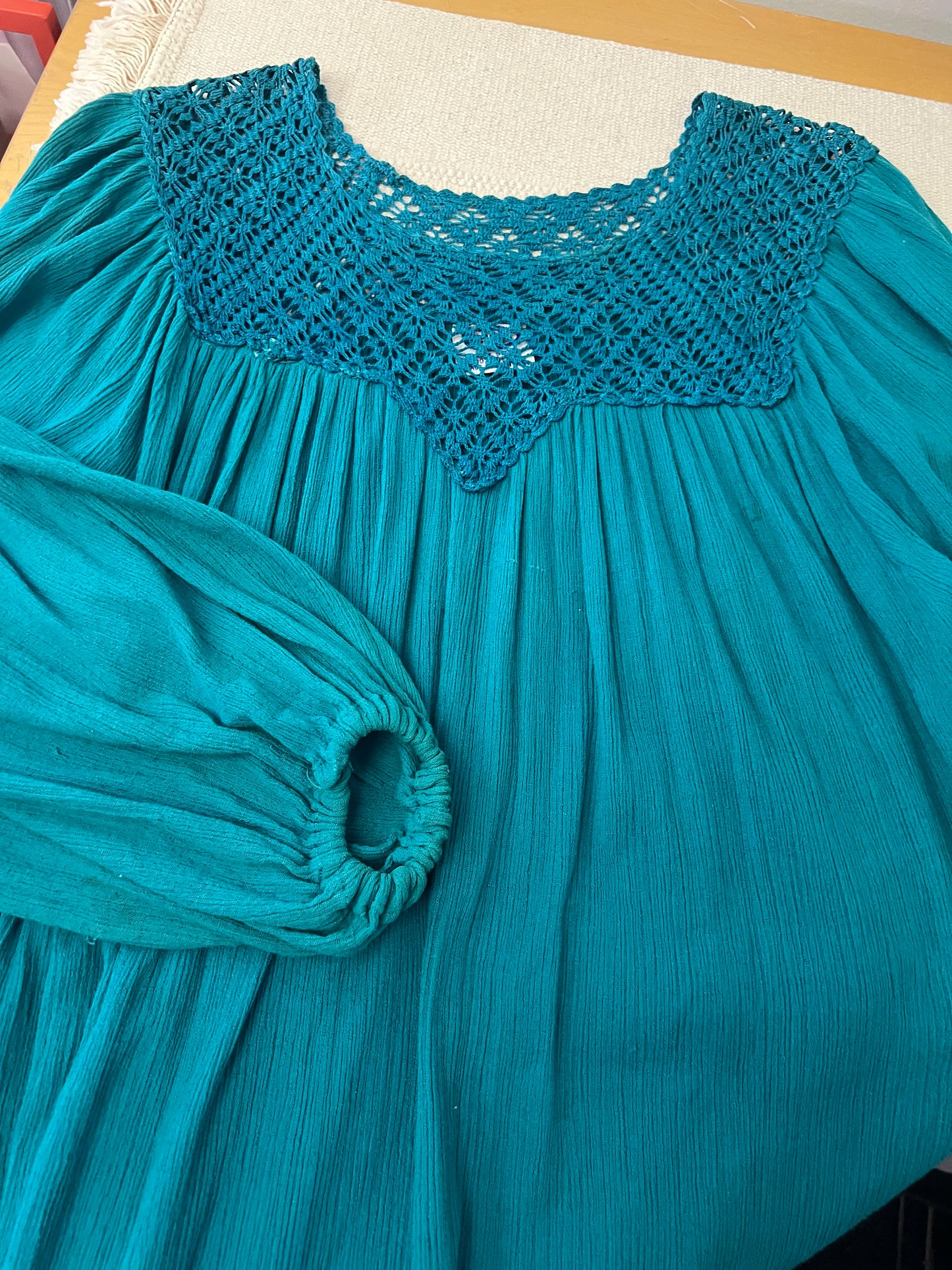 70s Teal Bila Crochet Top Cotton Gauze Maxi Dress