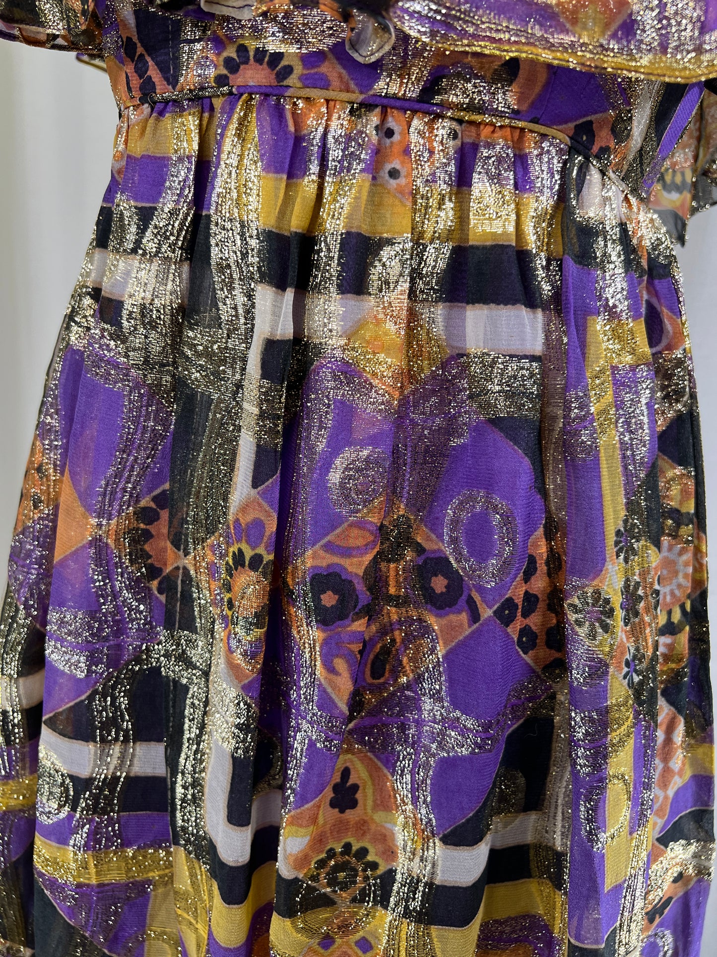 60's Malcom Starr Gold and Purple Psychedelic Lamé Mini Dress