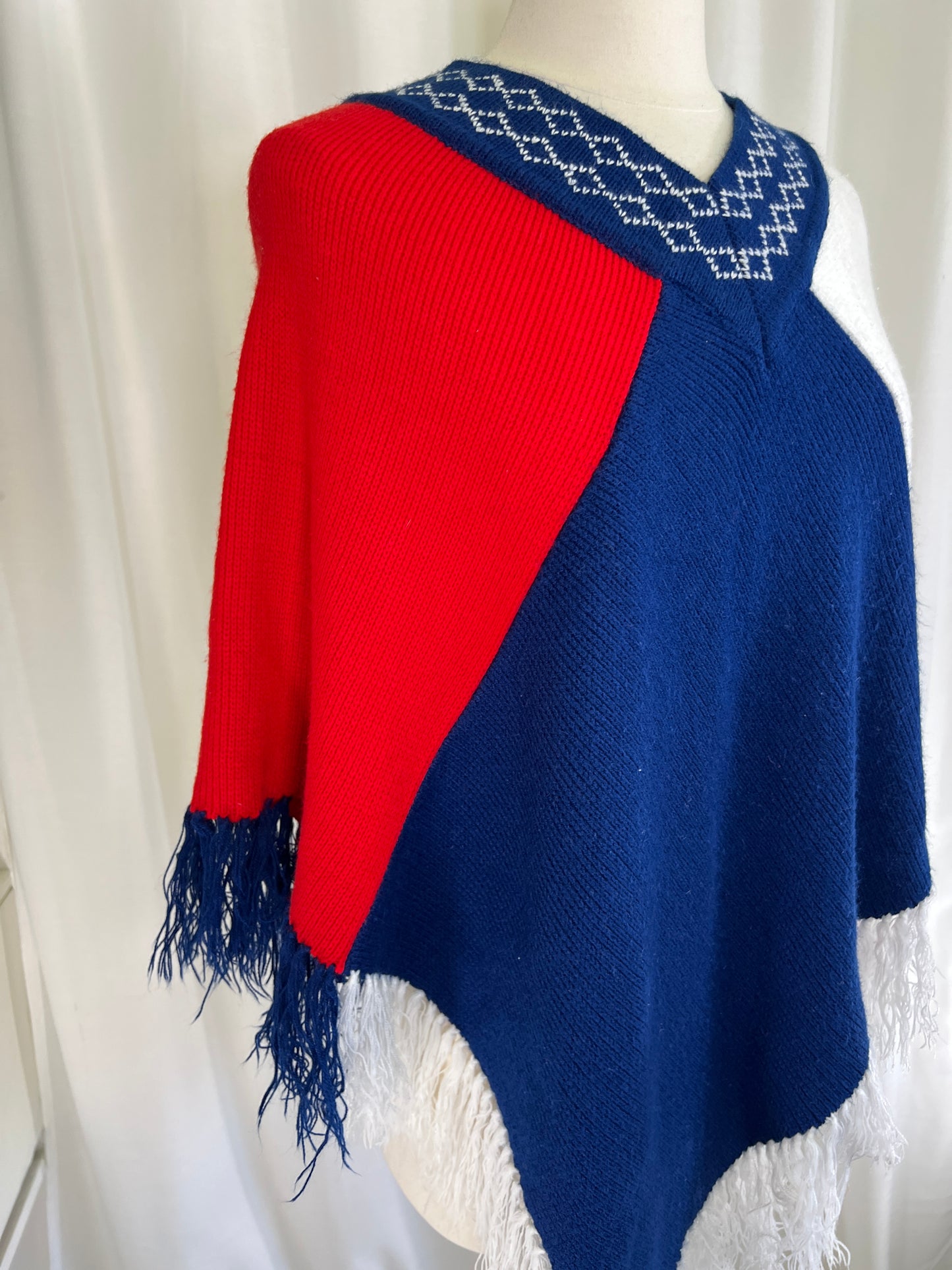 70s Fine Import Red White and Blue Fringed Poncho