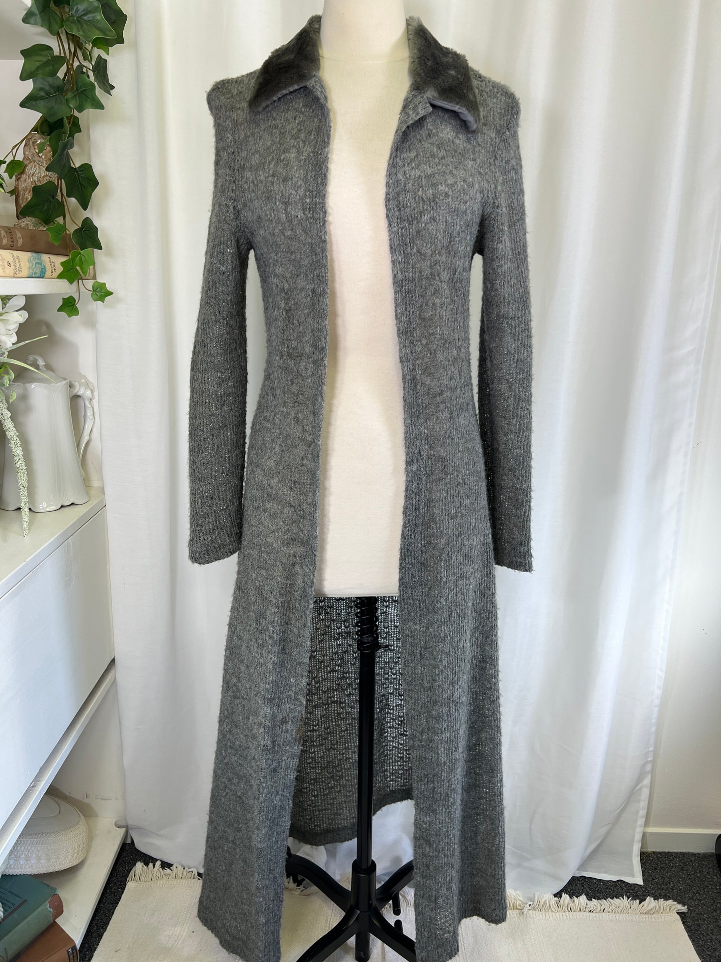 90s Eyeshadow Fur Trimmed Knit Maxi Length Duster Jacket