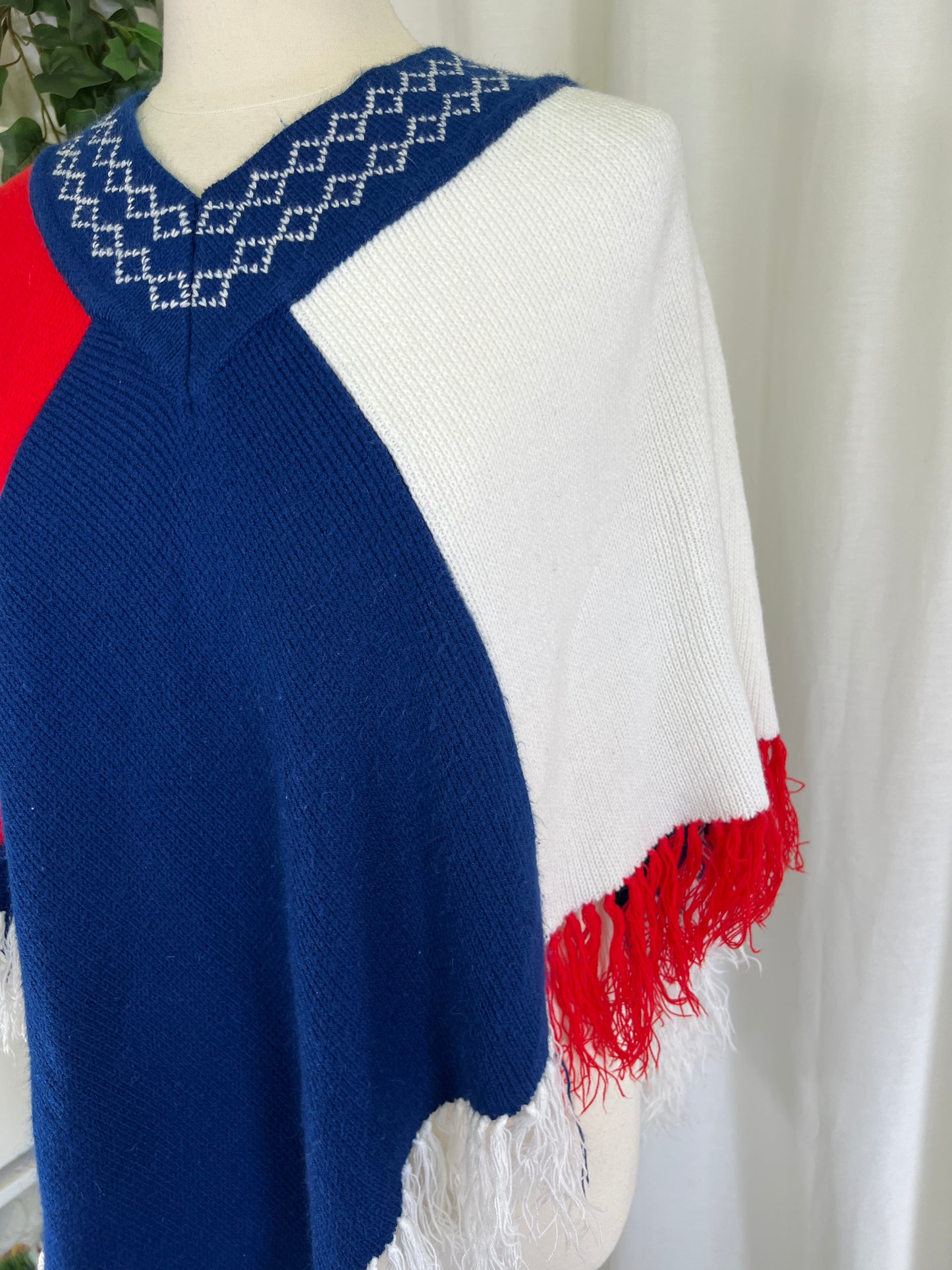 70s Fine Import Red White and Blue Fringed Poncho