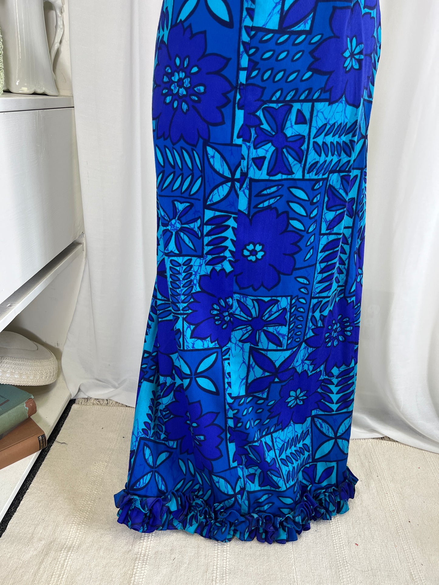 60s Blue Hawaiian Print Dress