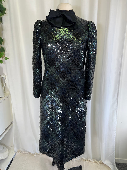 70s Amelia Gray Black Sequined Sheer Bow Neck Midi Dress