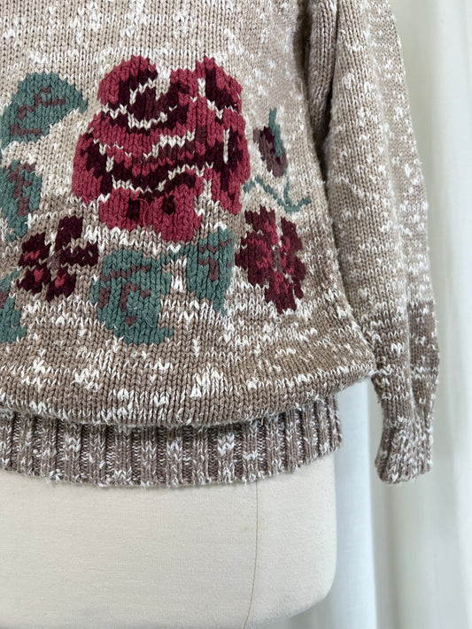 90s Eddie Bauer Cream and Red Roses Patterned Sweater