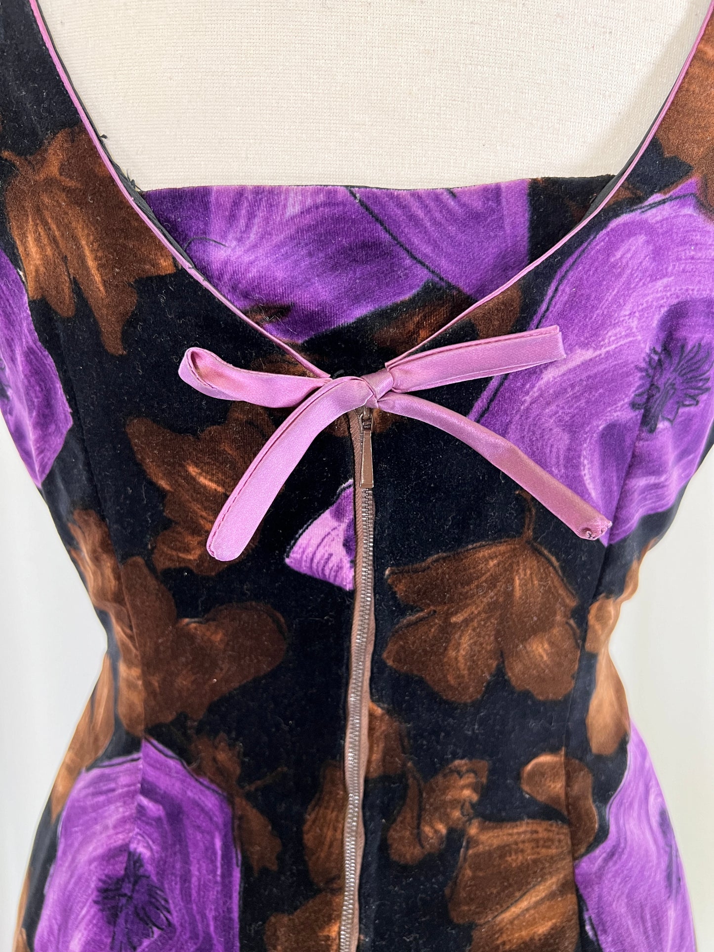 50s Velvet Purple Trumpet Flower Print Wiggle Dress