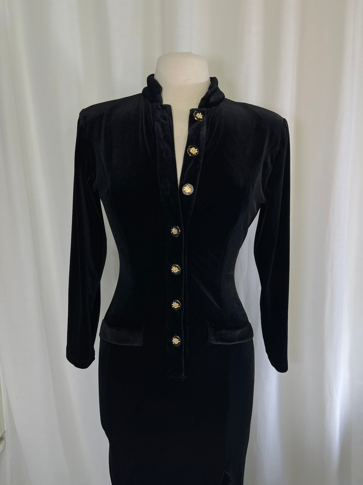 80s Sabrina International Black Velvet Bodycon Dress with Floral Buttons