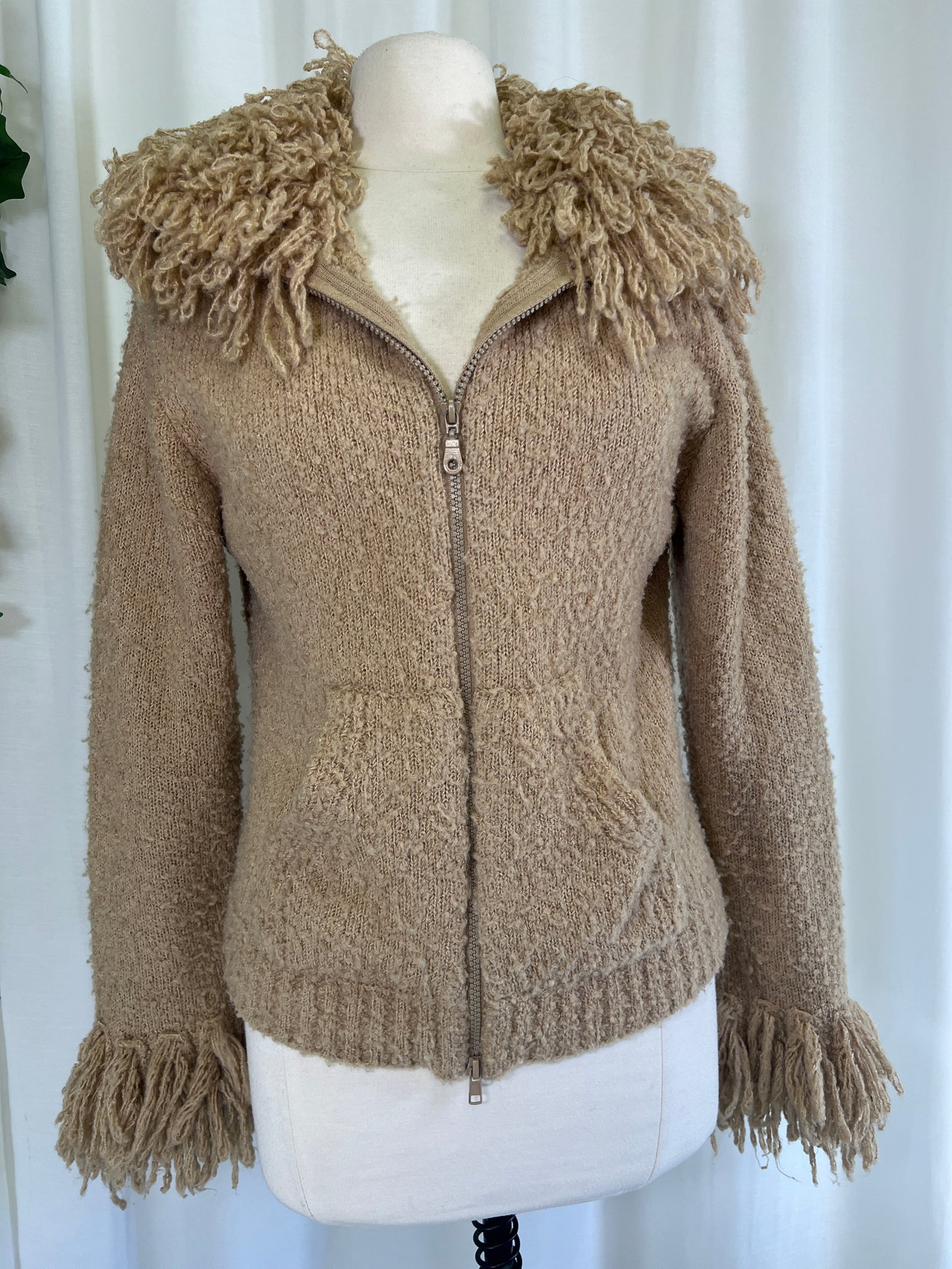 90s Sisters Wool Blend Cream Fringed Zip-up Sweater