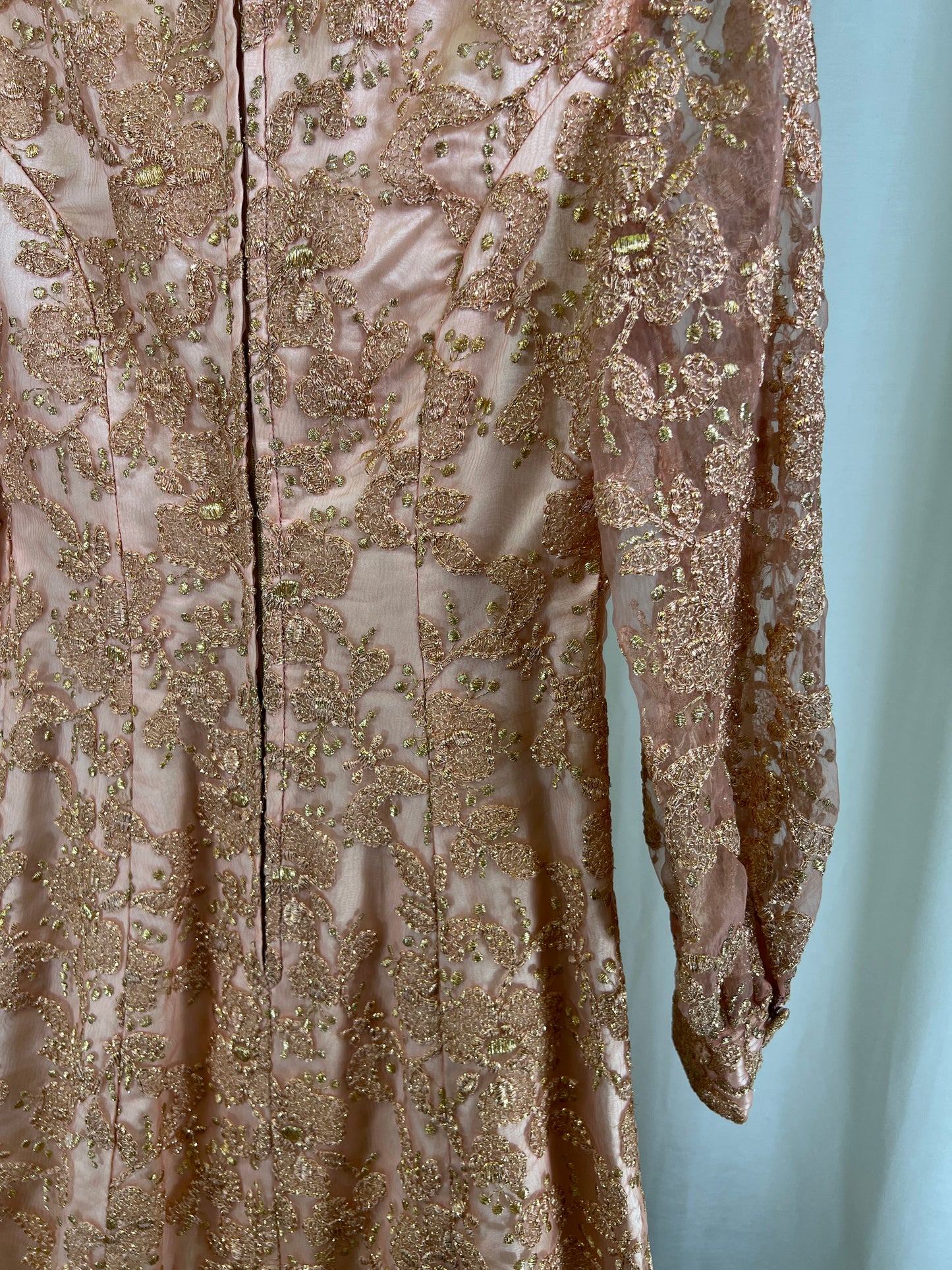 60s Handmade Pink and Gold Lamé Floral Embroidered Maxi Gown