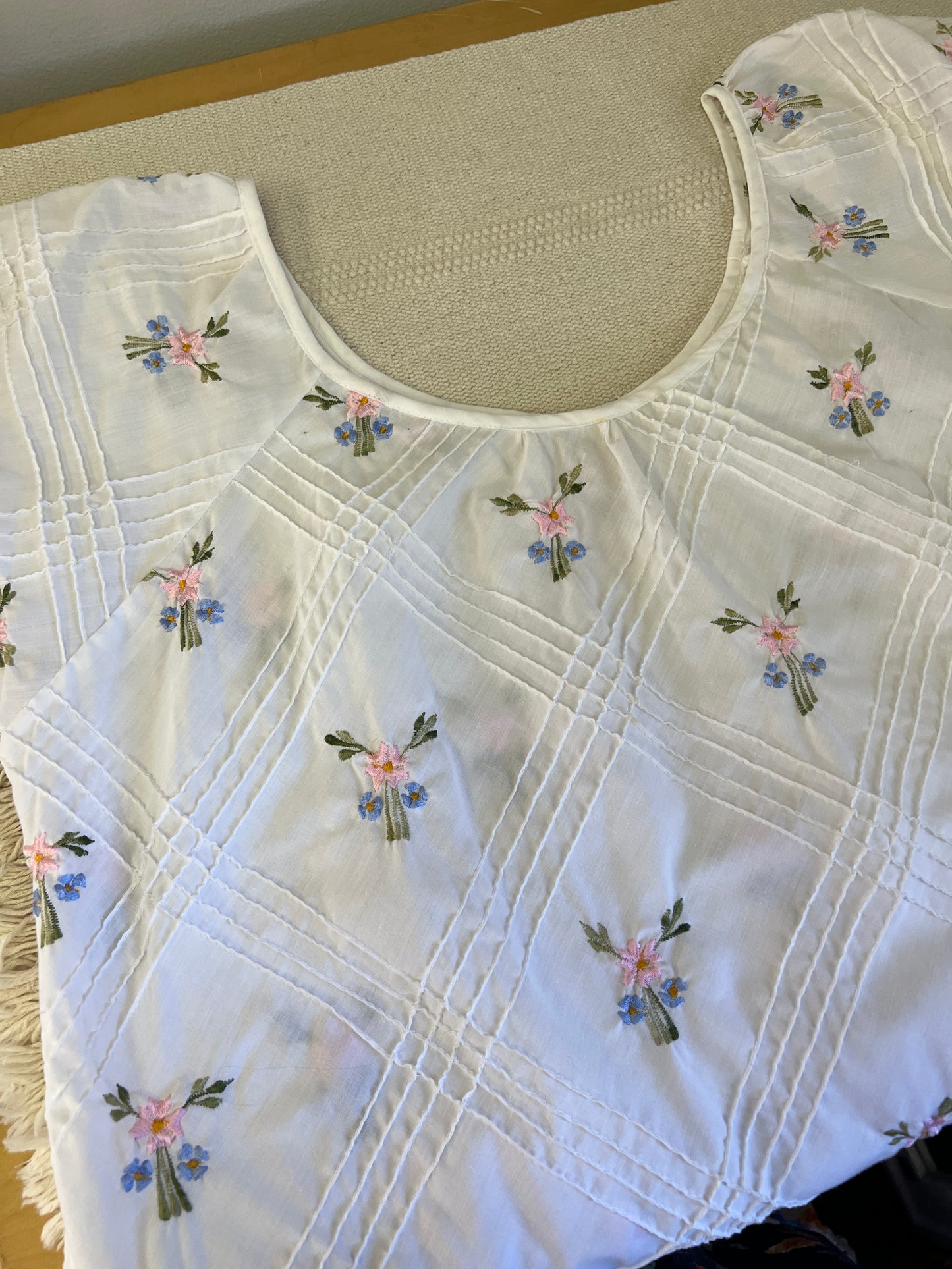 70s Floral Embroidery and Pintucks White Sundress