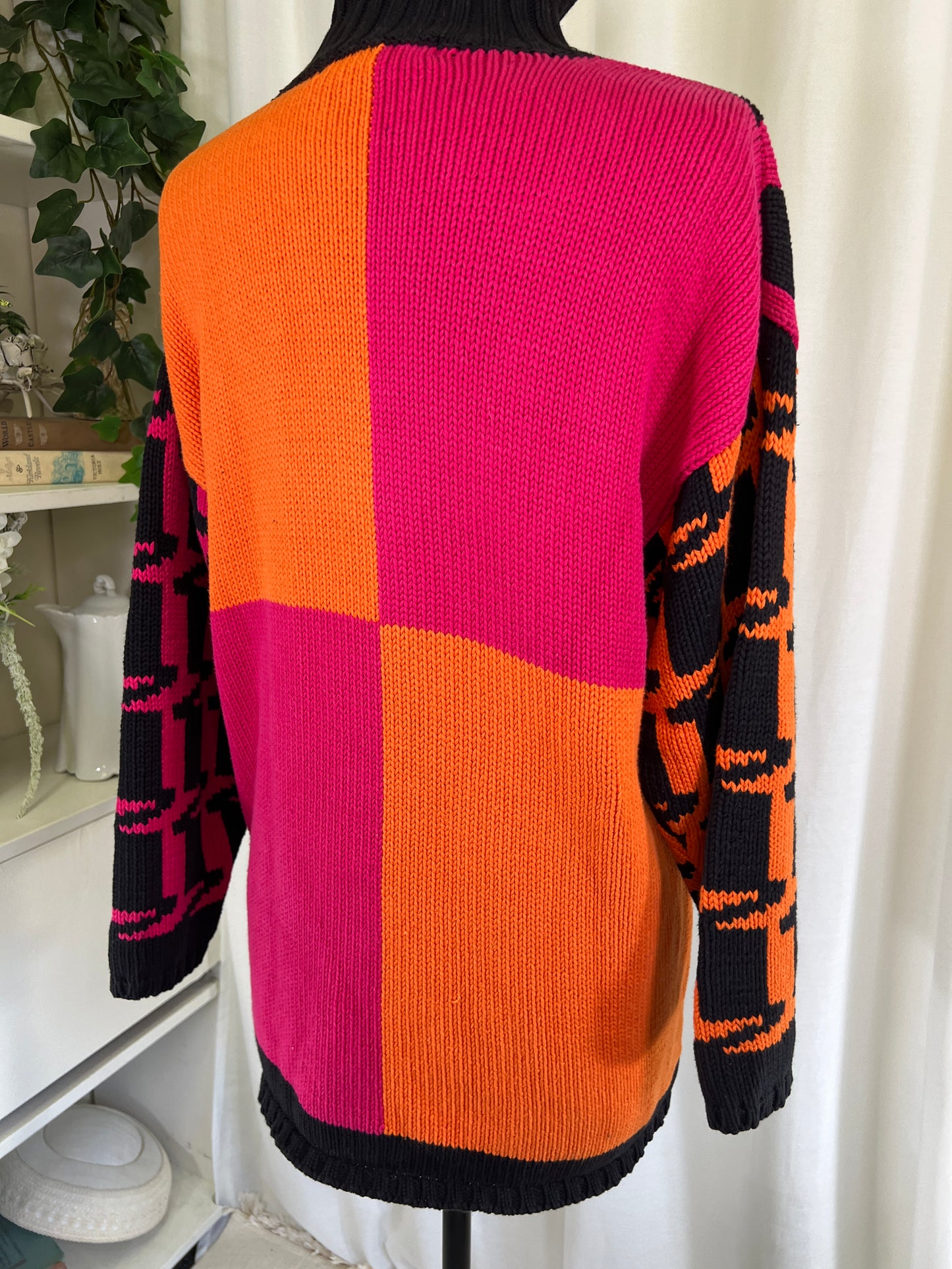 80s New Frontier Neon Orange and Pink Alternating Houndstooth Sweater