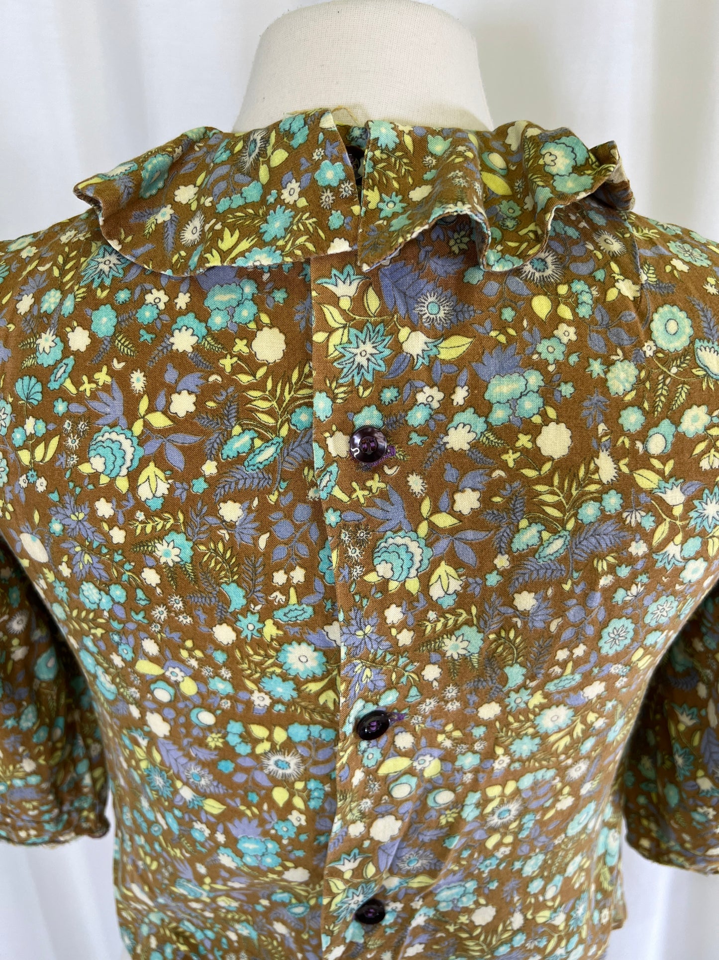 60s Moss Green Ditzy Floral Ruffle Neck Blouse