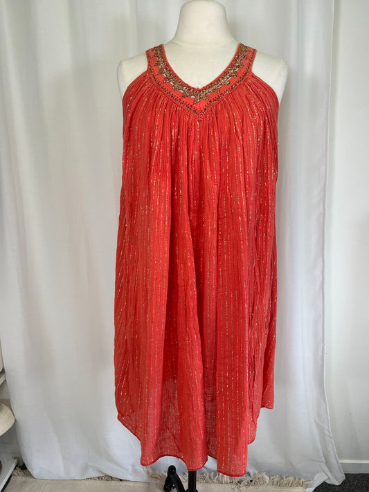 1970's Orange Cotton Gauze & Gold Lurex Dress