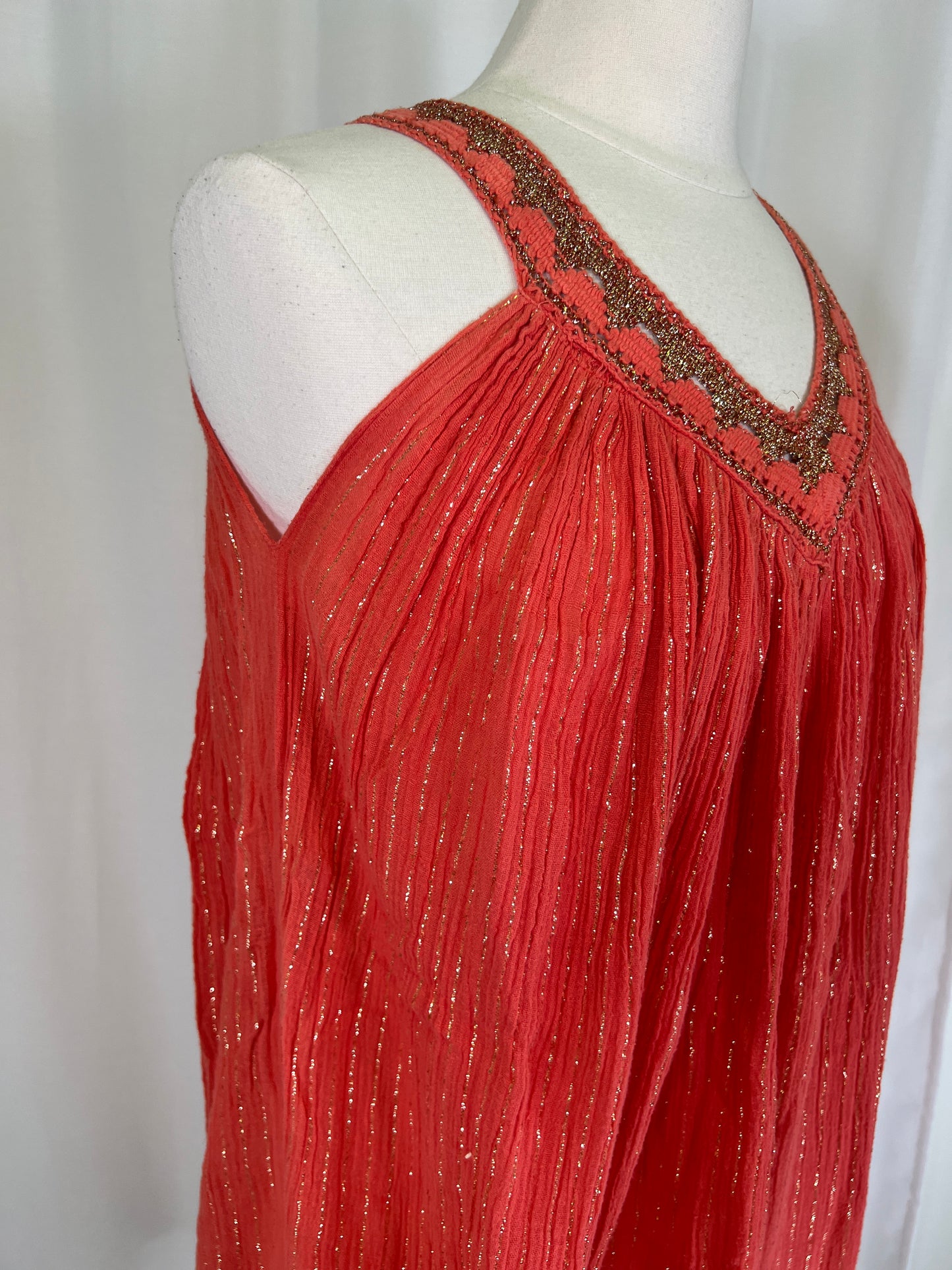 1970's Orange Cotton Gauze & Gold Lurex Dress