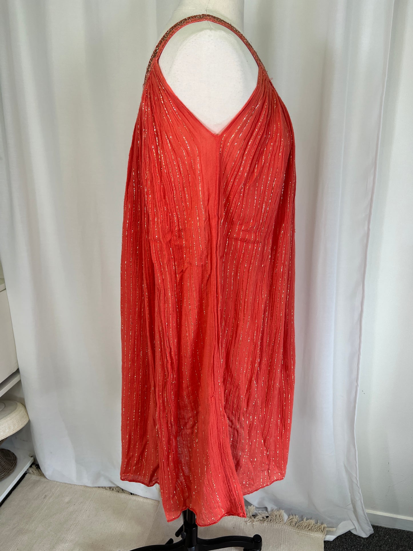 1970's Orange Cotton Gauze & Gold Lurex Dress