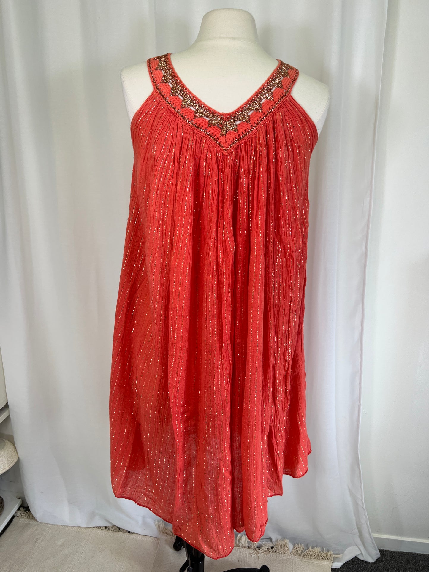 1970's Orange Cotton Gauze & Gold Lurex Dress