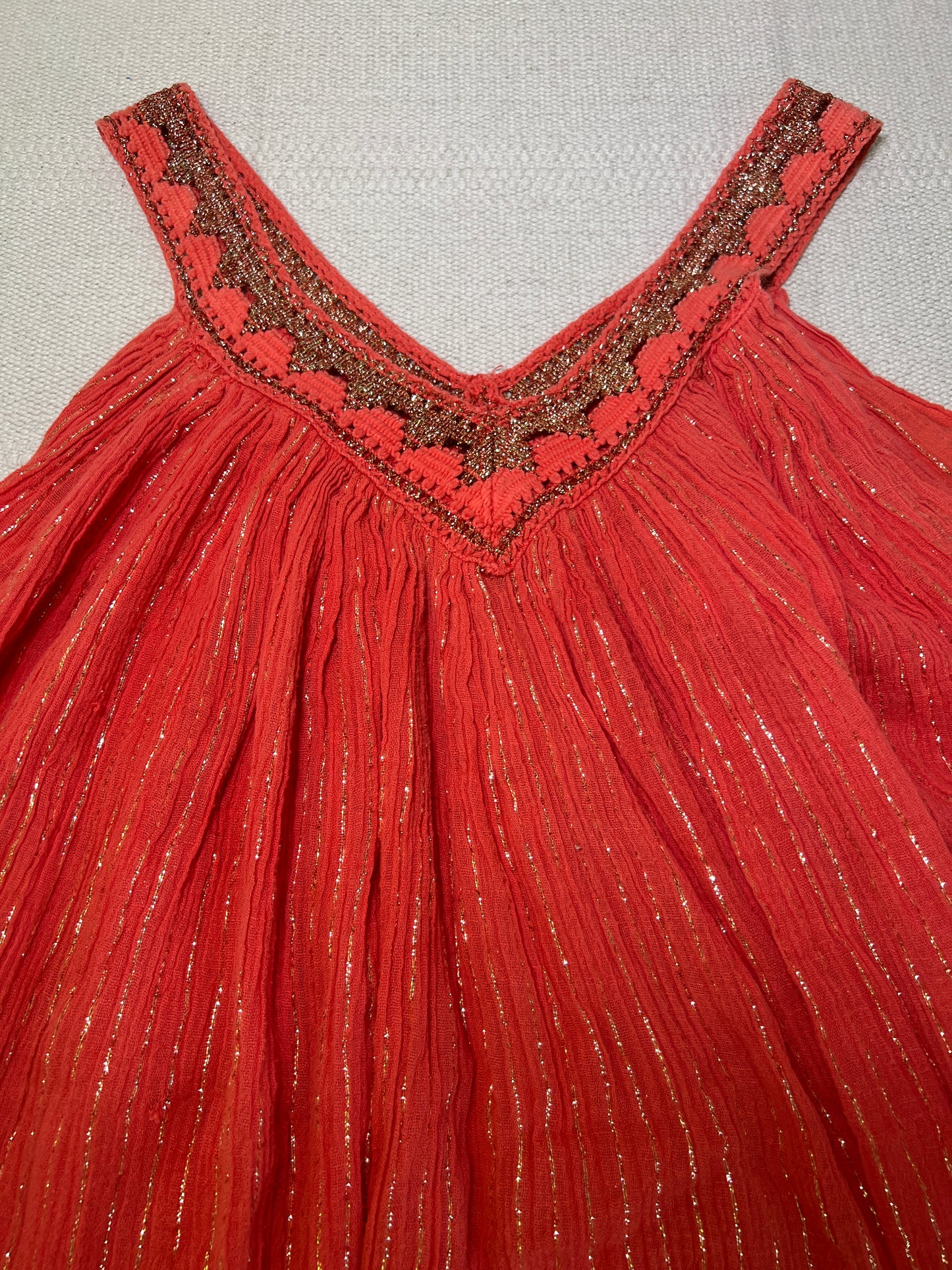 1970's Orange Cotton Gauze & Gold Lurex Dress