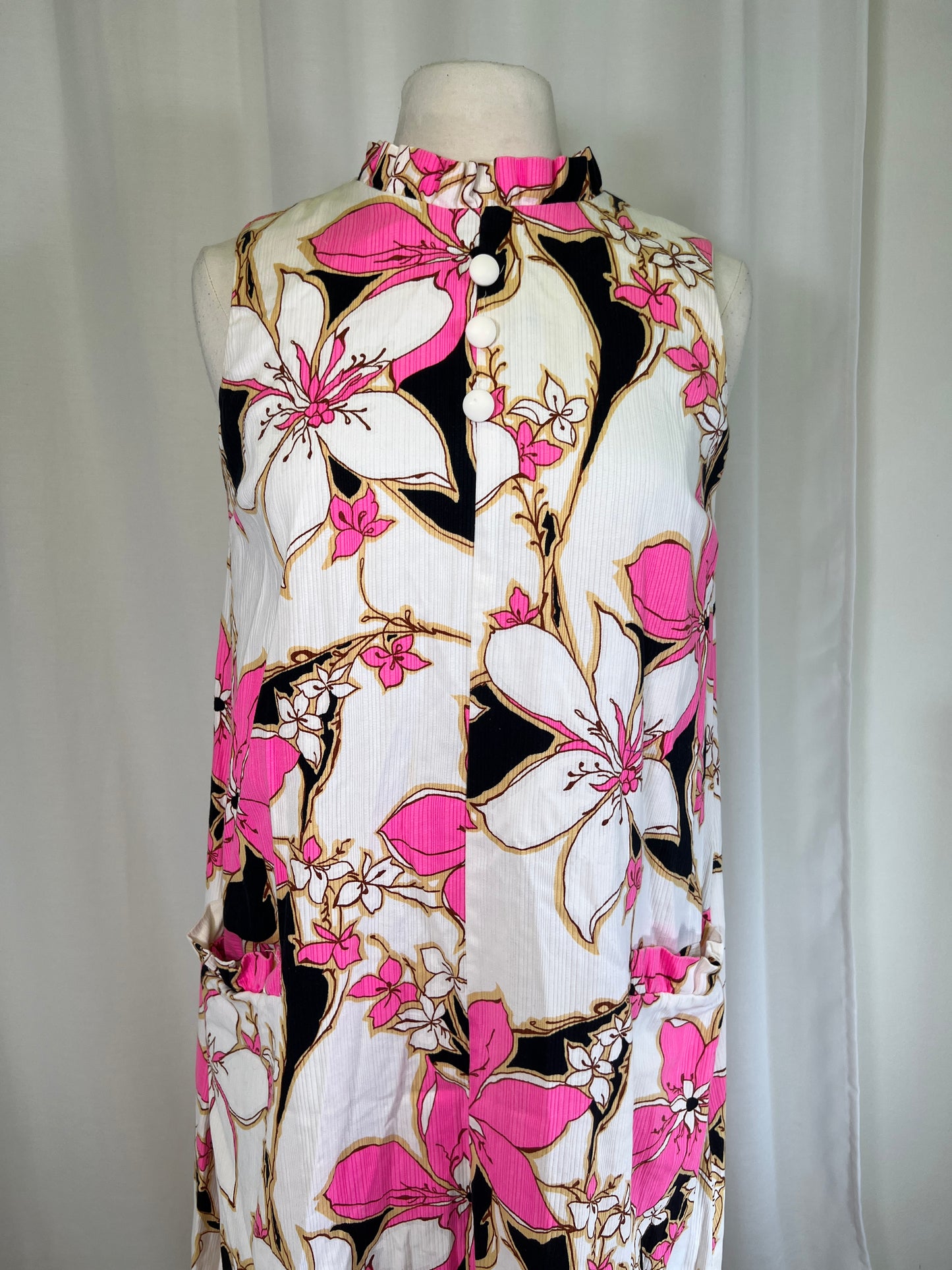 1960's Hawaiian Print High Neck Floral Maxi Dress