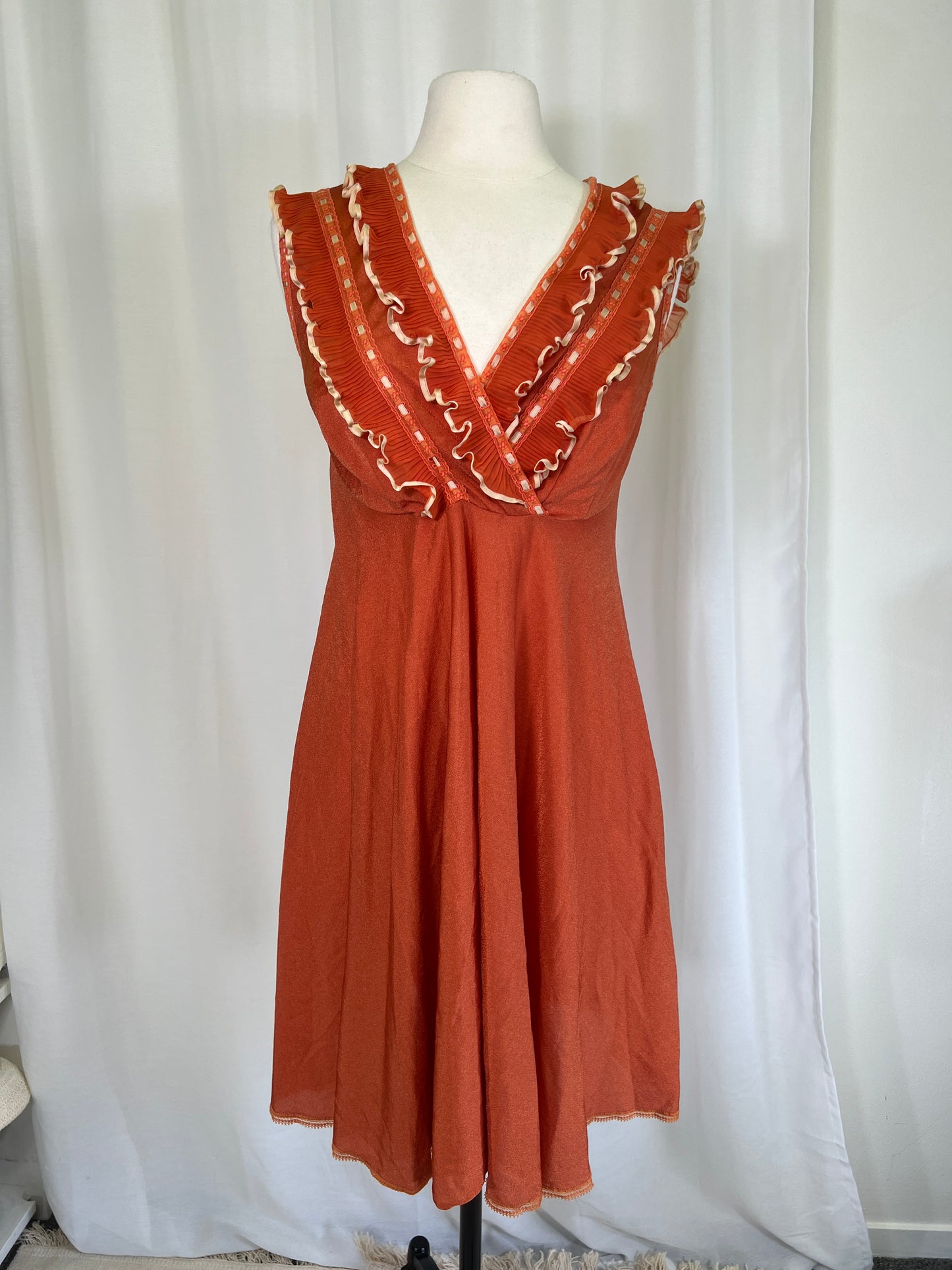 1970's Orange & Cream Ruffles and Lace Slip Dress