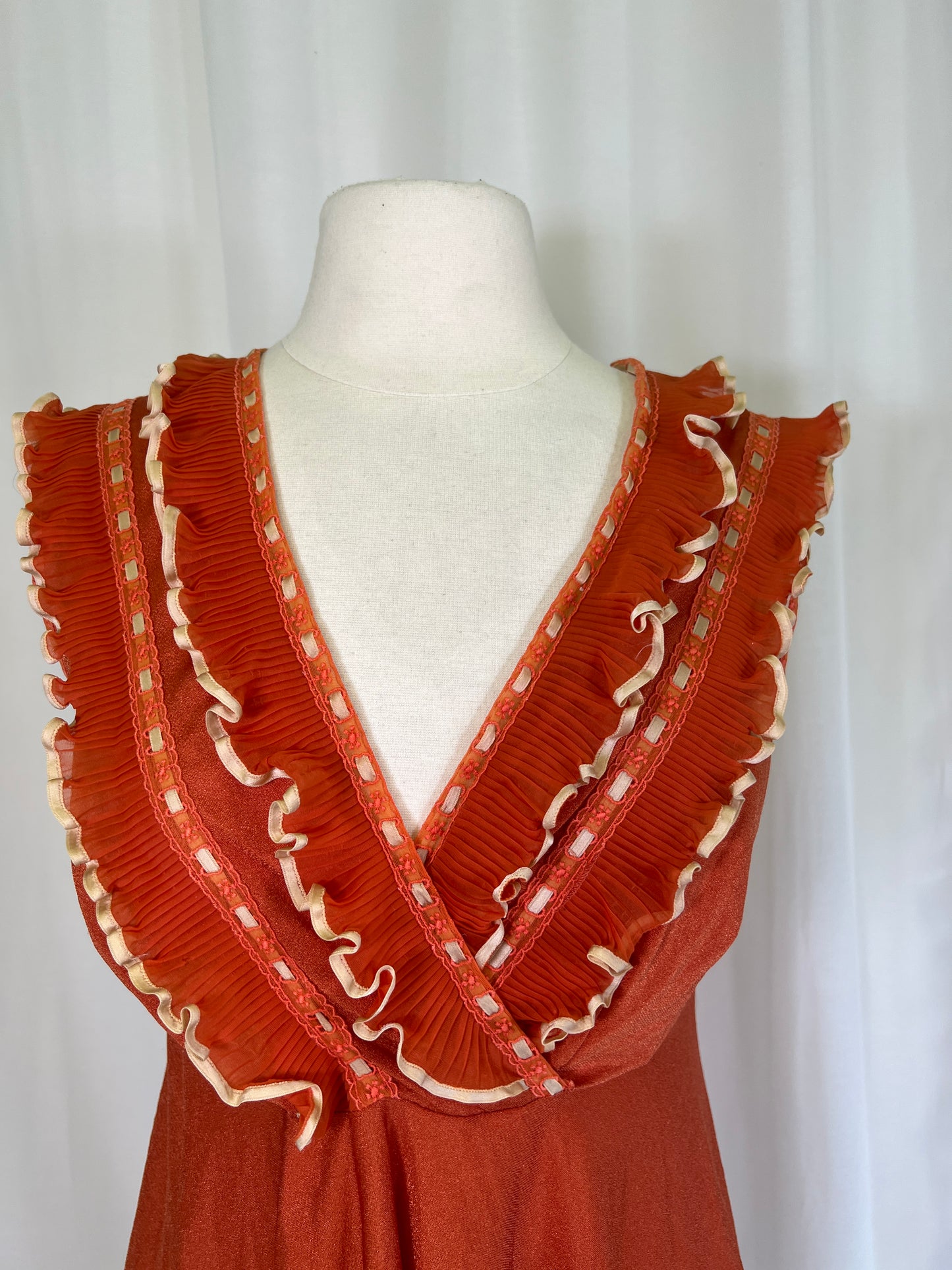 1970's Orange & Cream Ruffles and Lace Slip Dress