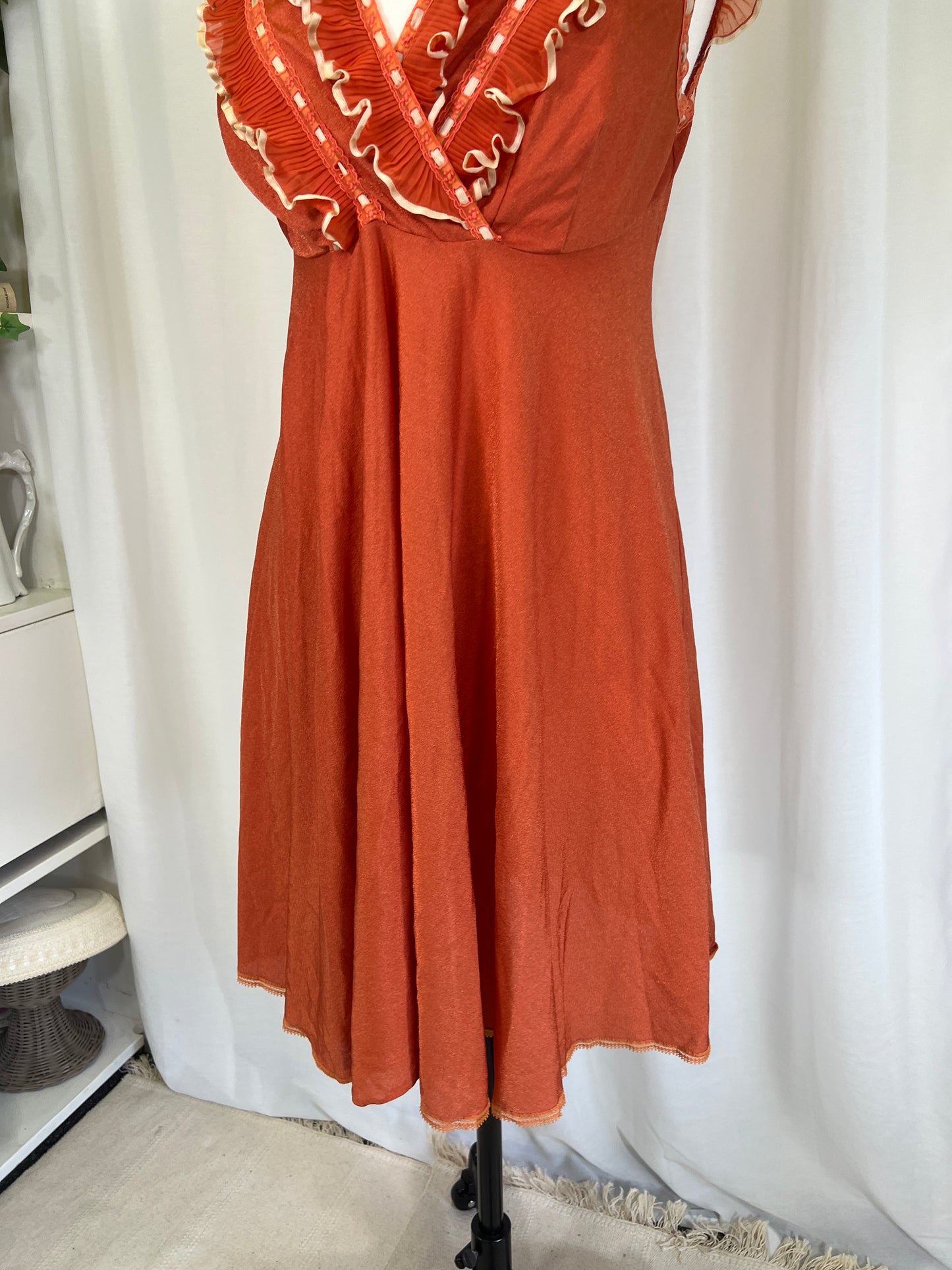 1970's Orange & Cream Ruffles and Lace Slip Dress