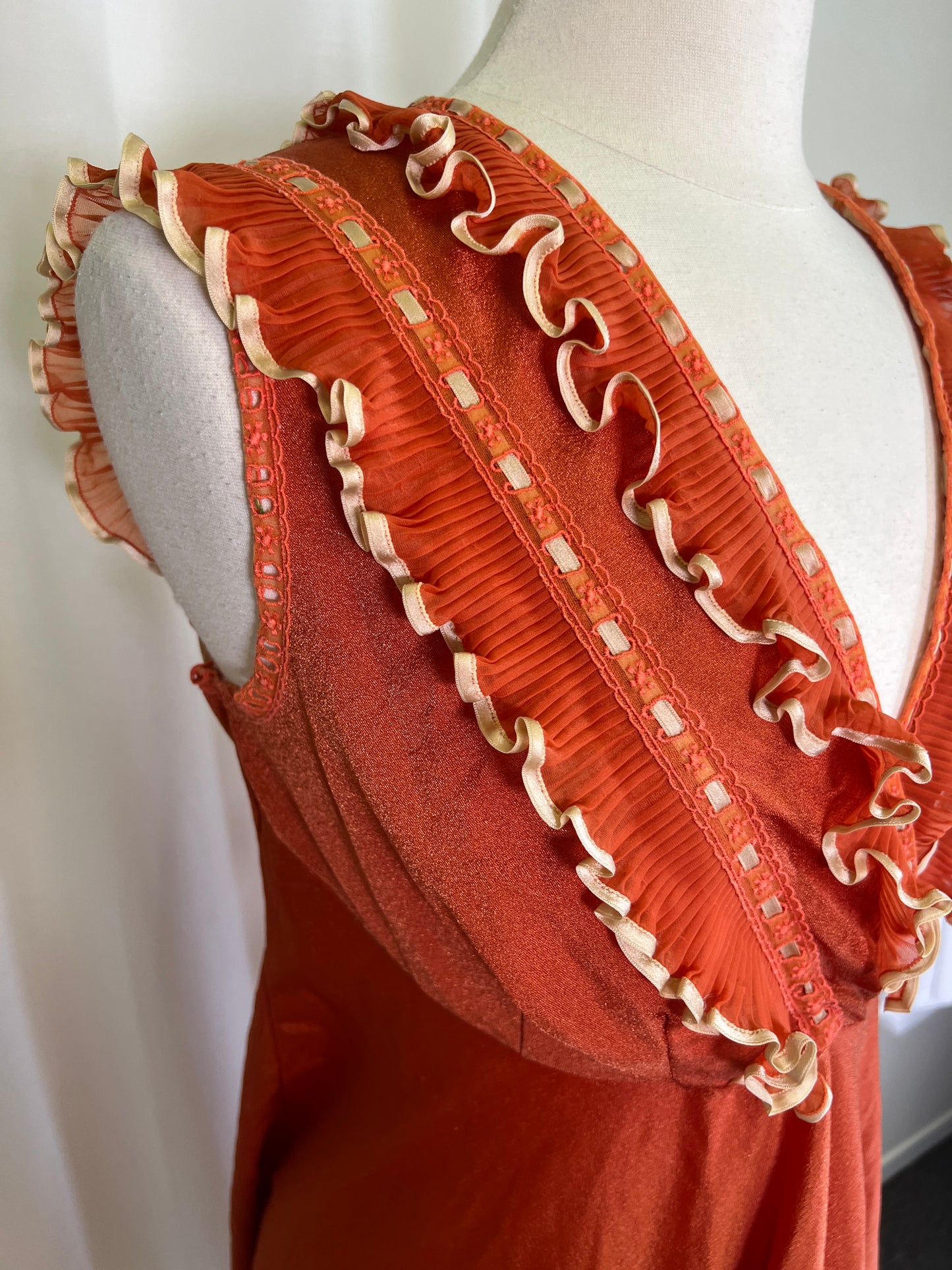 1970's Orange & Cream Ruffles and Lace Slip Dress