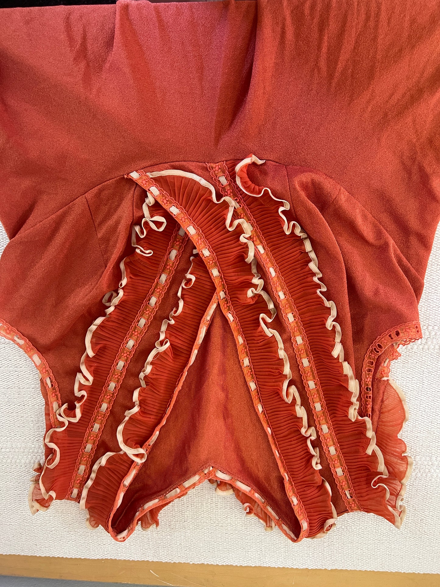 1970's Orange & Cream Ruffles and Lace Slip Dress