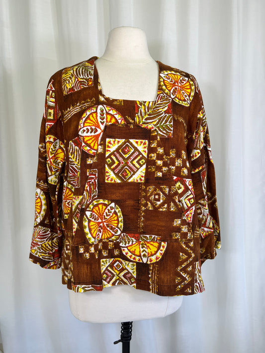 1960's Terrible Herm Original Brown & Orange Hawaiian Blouse