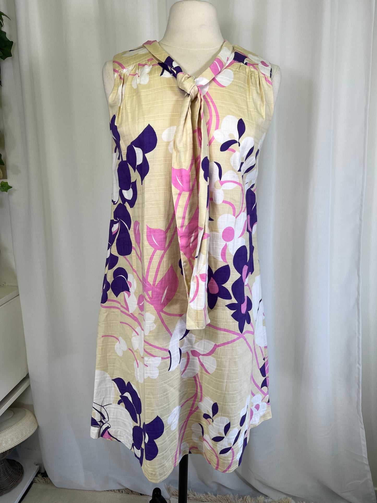 1960's Tan & Purple Floral Tie Neck A-Line Dress