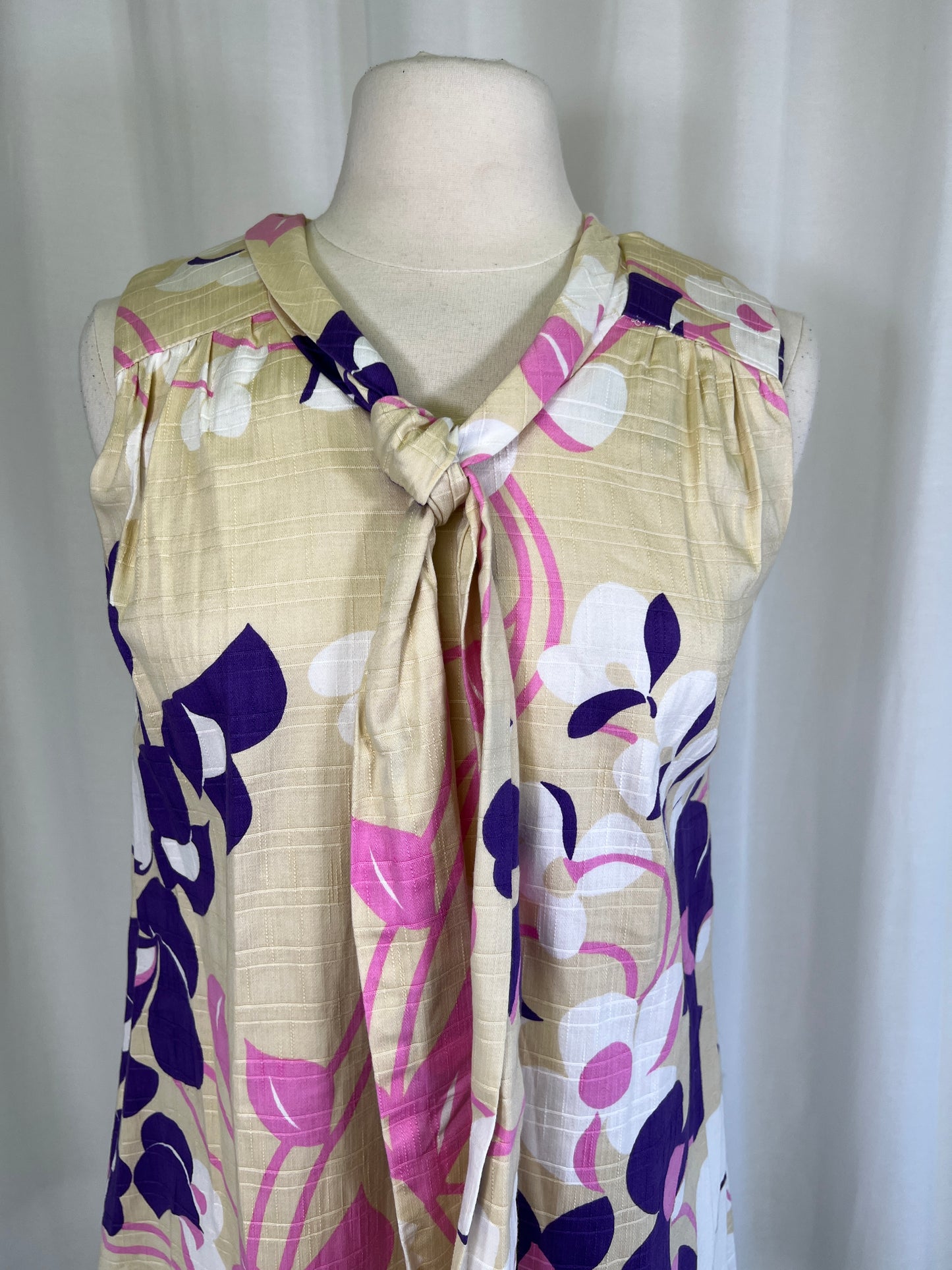 1960's Tan & Purple Floral Tie Neck A-Line Dress