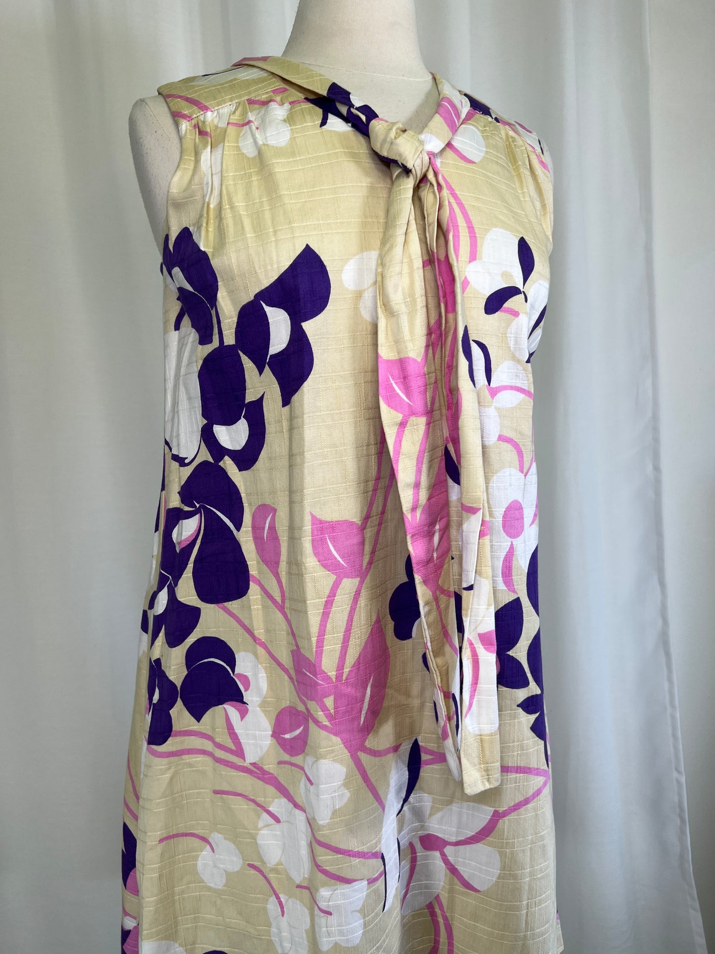 1960's Tan & Purple Floral Tie Neck A-Line Dress