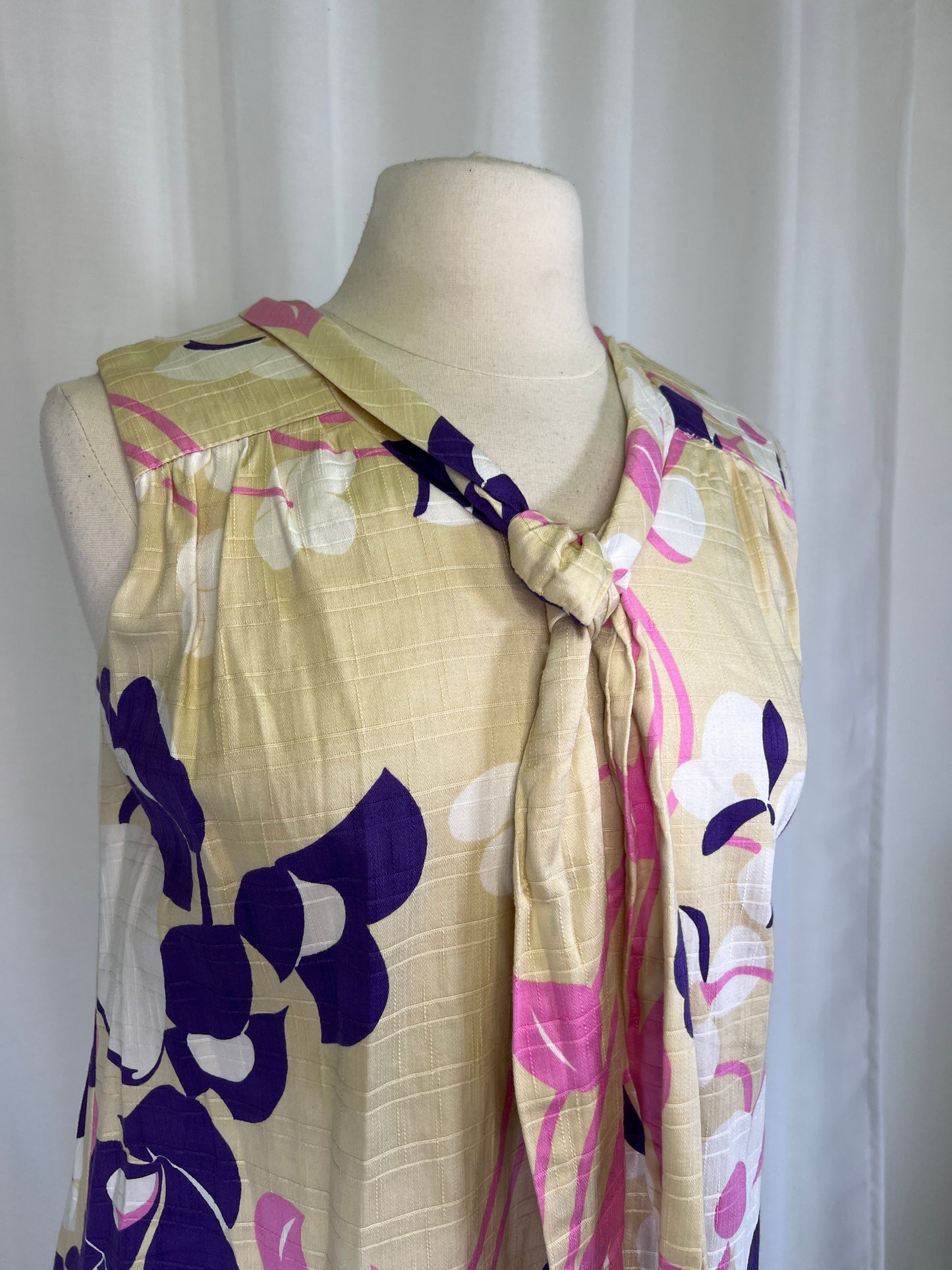 1960's Tan & Purple Floral Tie Neck A-Line Dress