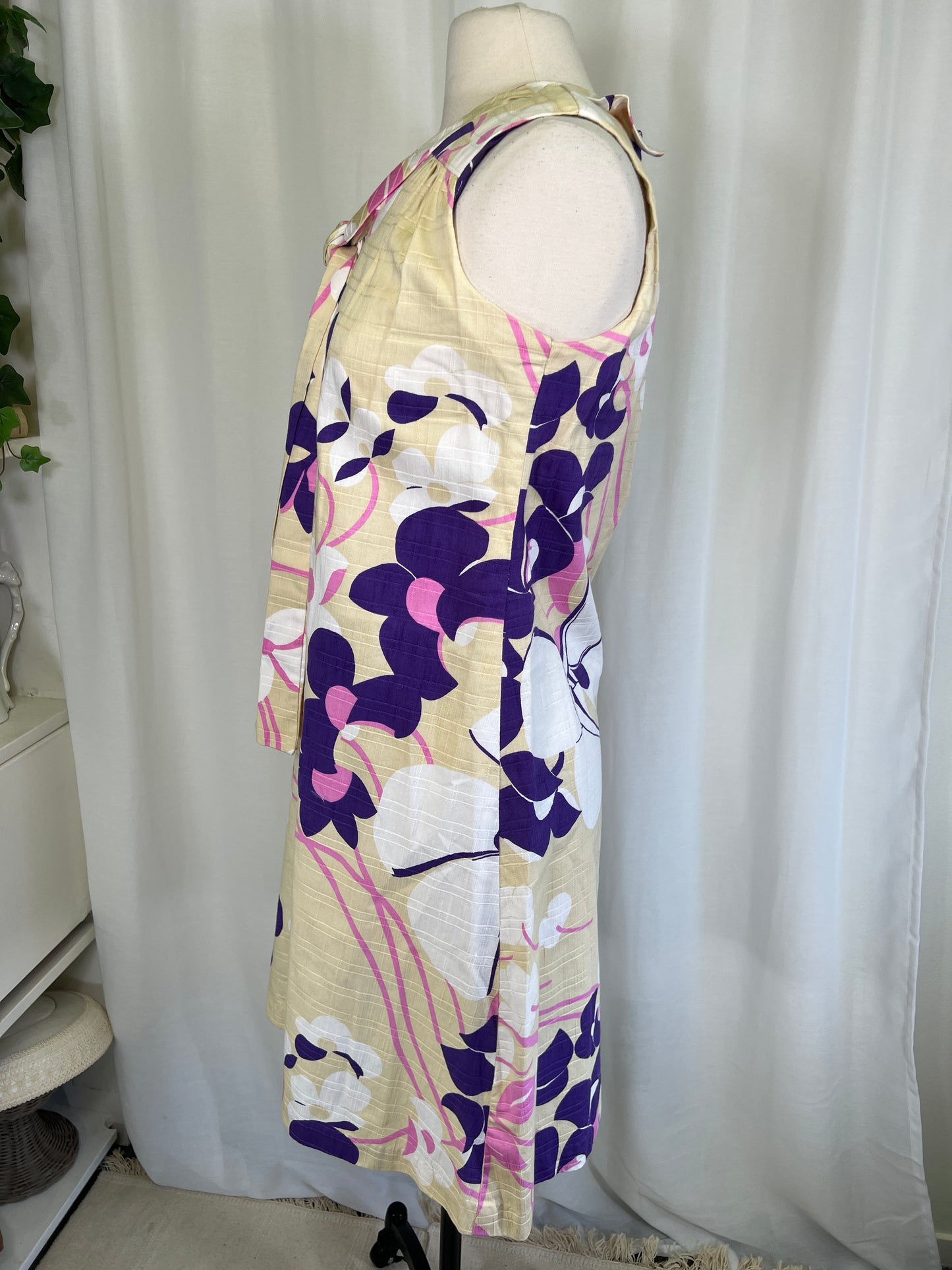 1960's Tan & Purple Floral Tie Neck A-Line Dress